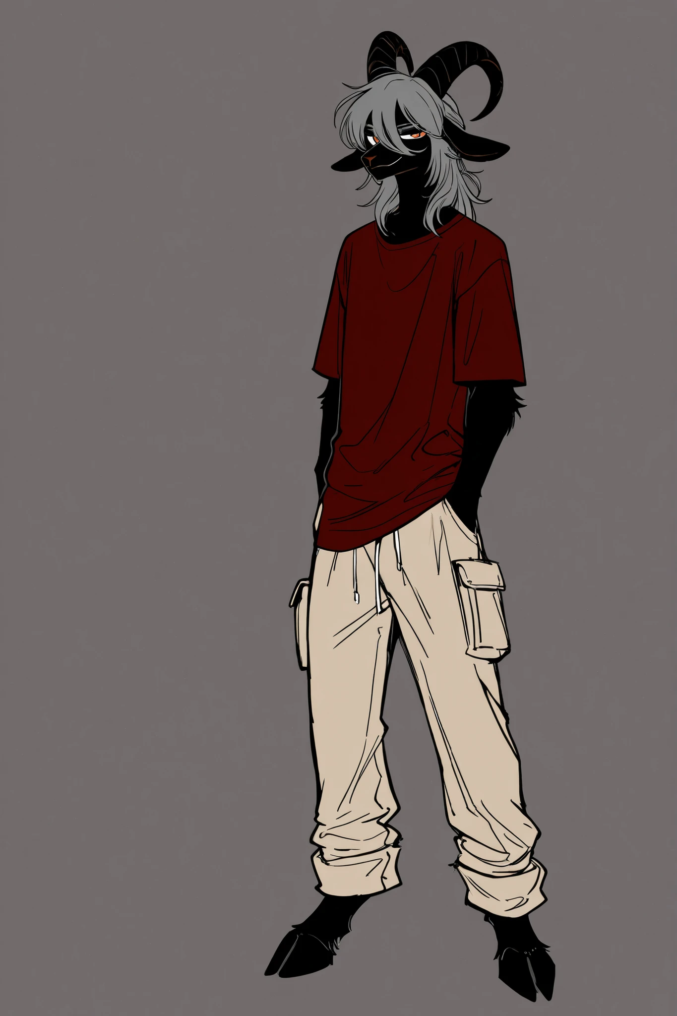 furry male goat boy, thin, tall, boy, black fur, wearing a dark red t-shirt and beige cargo pants, goat hooves, playfull look, long dark grey hair, slightly wavy, long bangs, straight black horns, orange eyes, long snout, smirk, solo full body art , office background