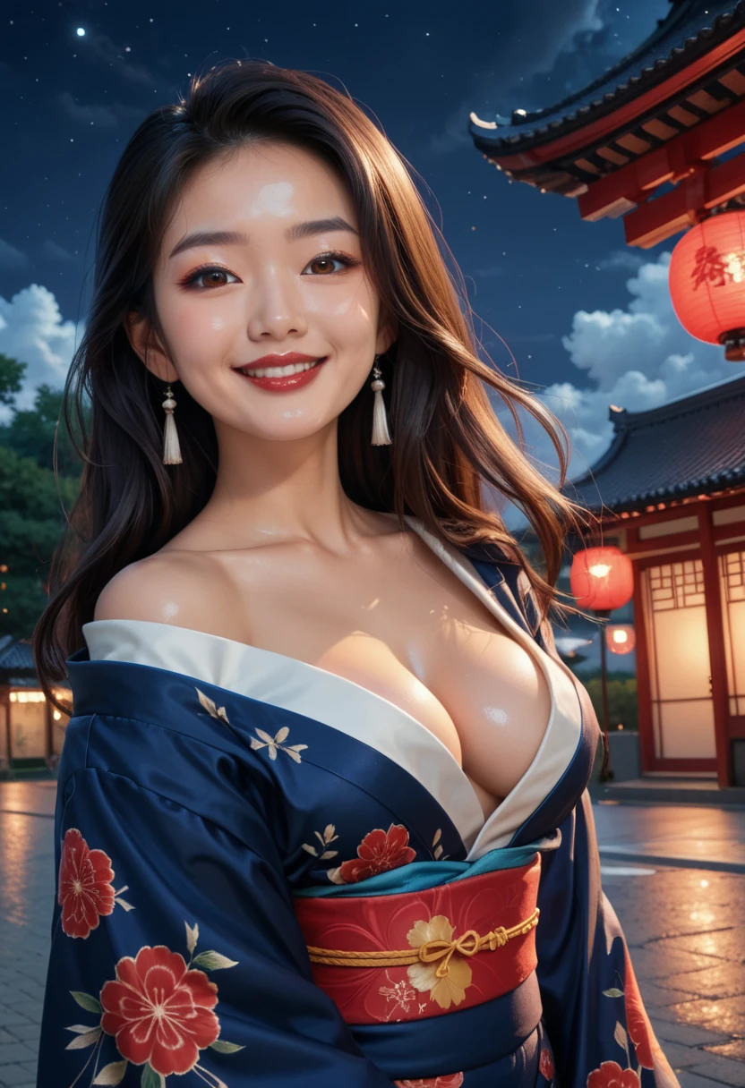 A professional very dark under expose full body photo of a Japanese cute  wearing ((red kimono)),detailed cleavage , (PureErosFace_V1),masterpiece, best quality, detailed, 1girl, pink eyes, long hair, black hair, (temple in the background), water, sunset,(((extremely extra large world's largest DDDD breast))),(vivid colors),(((midnight))),((late night)),(late at night,night-time, after dark),<lora:theovercomer8sContrastFix_sd15:0.4>,to8contrast style