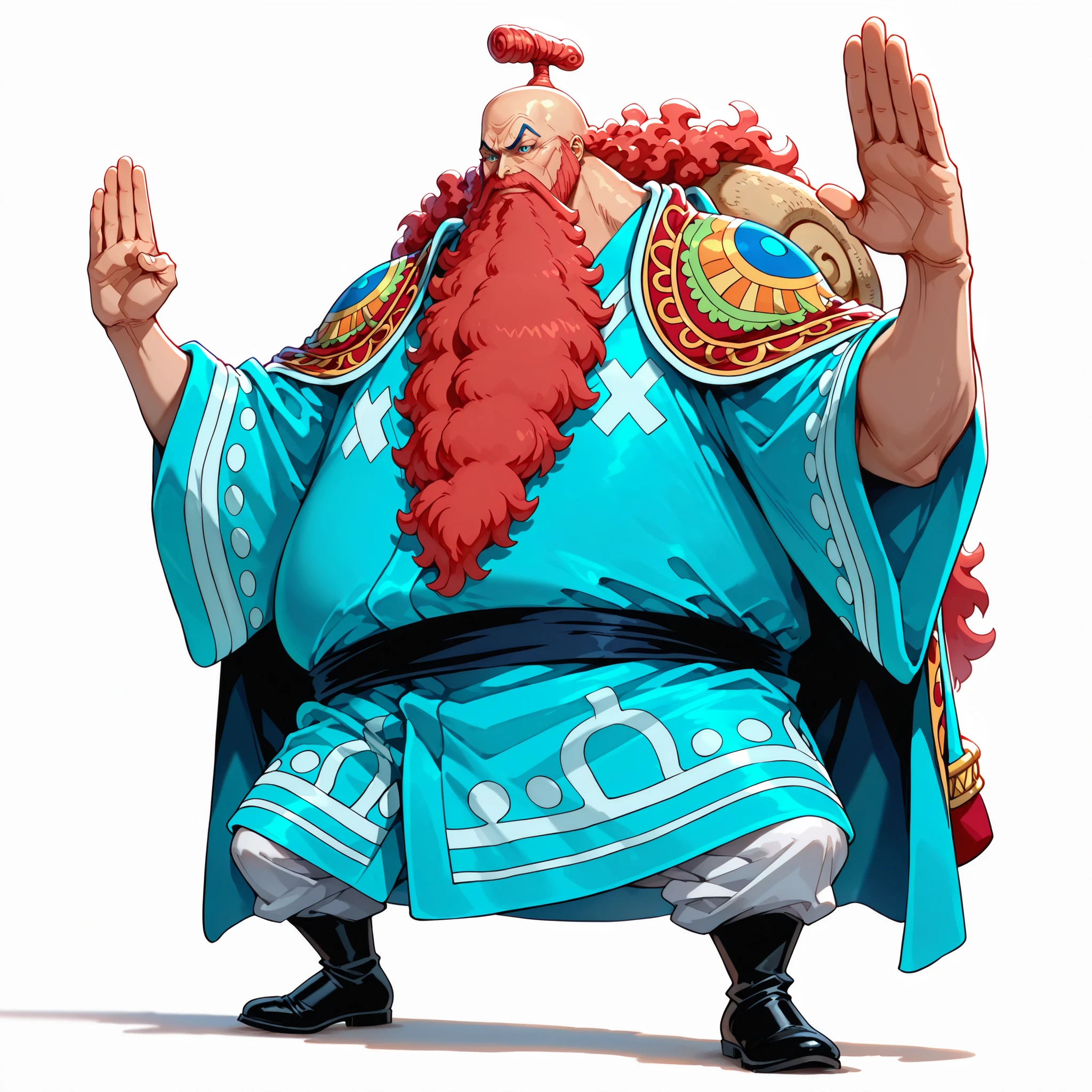 (male), (old man), (large arm), (very fat body), (bald head), (red long beard), (blue eyes), (giant body), (giant character), (solo), (single character), (full body version), (white background), (no background), (highly detailed), (shadow), (standing pose), (natural light), (detailed outfit), (detailed hand), (detailed face), (detailed hair)
Wearing noble formal medieval attire, luxurious robe with ornate embroidery, fine tunic, fitted trousers, and polished leather boots, radiating the aura of a powerful noble warrior. (One piece style art)