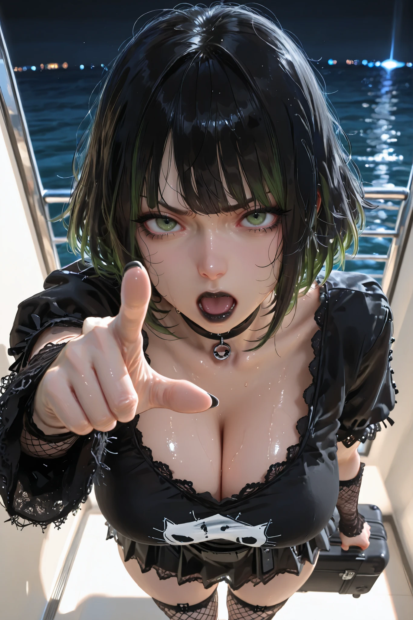 (((hyper realistic))), detailed, realistic volumetric lighting, realistic background, high quality, perfect resolution, movie shot, absurdres, high quality, masterpiece, best quality, amazing quality, very aesthetic, absurdres, newest, big natural breast, wolfcut, fluffy hair, voluminous hair, wavy centerparted, wavy bangs, wavy hair, short hair, pixelsketcher, sweat, layer_cut_hair, Gothic girl, curvy, clothed, sexy gothic clothes with silk, gothic makeup, pawg, dark black hair with ligth green tips, miniskirt, thigh-high fishnet stockings, black choker, lace sleeves, green and black baggy gothic shirt , enhance details in miniskirt and top, defiant eyes, black lips, long eyelashes.

Escenario: Angry girl screaming in front of viewer, medium-sized sea boat background, the girl is holding her luggage with one hand and pointing at the viewer face in a defiant posture, dynamic pose, POV shot of the girl standing in front of you, gothic girl leaning very close, shouting directly at viewer, mouth open, intense defiant yet concerned expression, extreme close-up, dramatic perspective, foreground focus, high angle view