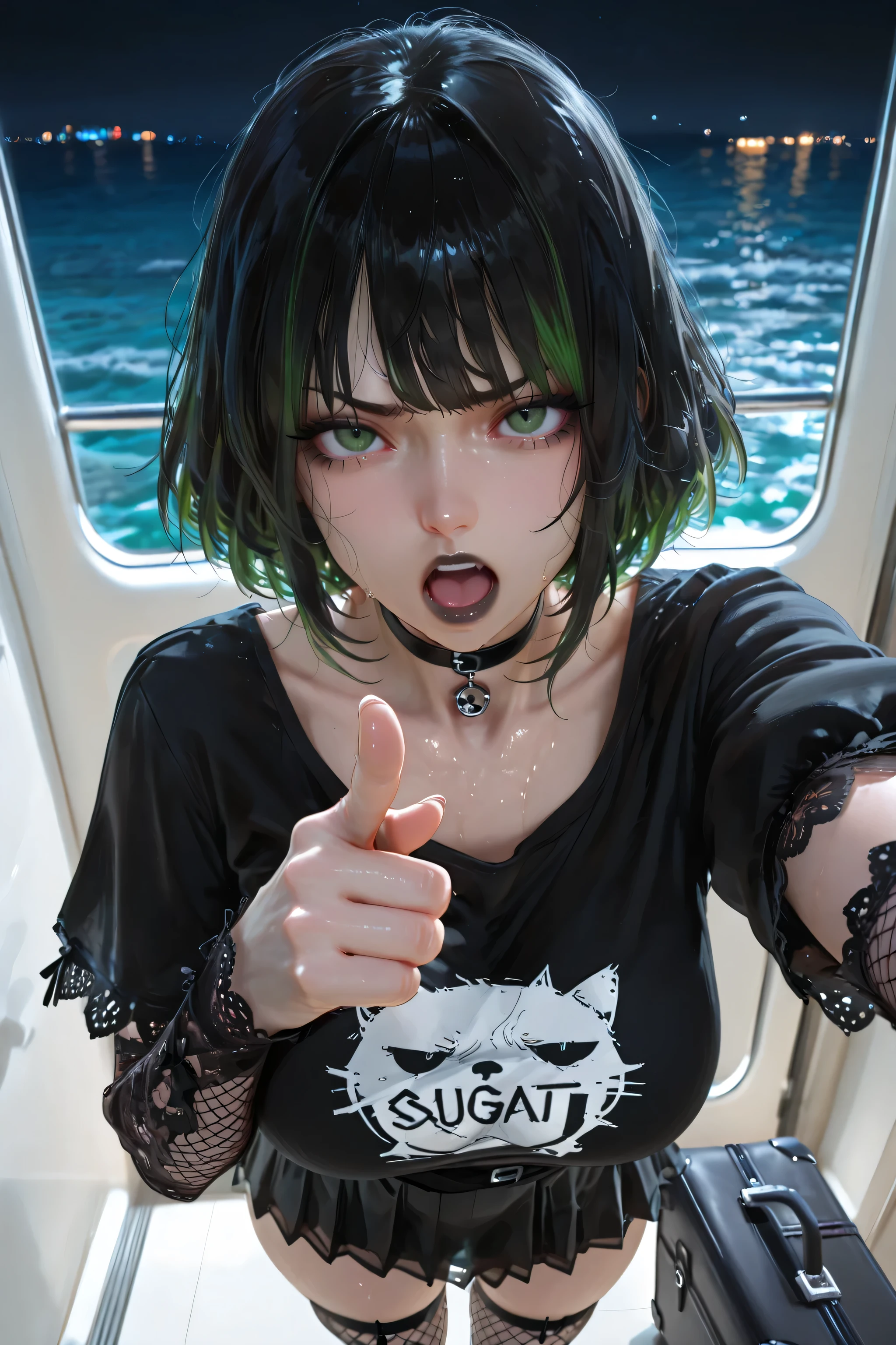 (((hyper realistic))), detailed, realistic volumetric lighting, realistic background, high quality, perfect resolution, movie shot, absurdres, high quality, masterpiece, best quality, amazing quality, very aesthetic, absurdres, newest, big natural breast, wolfcut, fluffy hair, voluminous hair, wavy centerparted, wavy bangs, wavy hair, short hair, pixelsketcher, sweat, layer_cut_hair, Gothic girl, curvy, clothed, sexy gothic clothes with silk, gothic makeup, pawg, dark black hair with ligth green tips, miniskirt, thigh-high fishnet stockings, black choker, lace sleeves, green and black baggy gothic shirt , enhance details in miniskirt and top, defiant eyes, black lips, long eyelashes.

Escenario: Angry girl yelling in front of viewer, medium-sized sea boat background, the girl is holding her luggage with one hand while pointing at you with the other, POV shot of the girl standing in front of you, gothic girl leaning very close, shouting directly at viewer, mouth open, intense defiant yet concerned expression, extreme close-up, dramatic perspective, foreground focus, high angle view