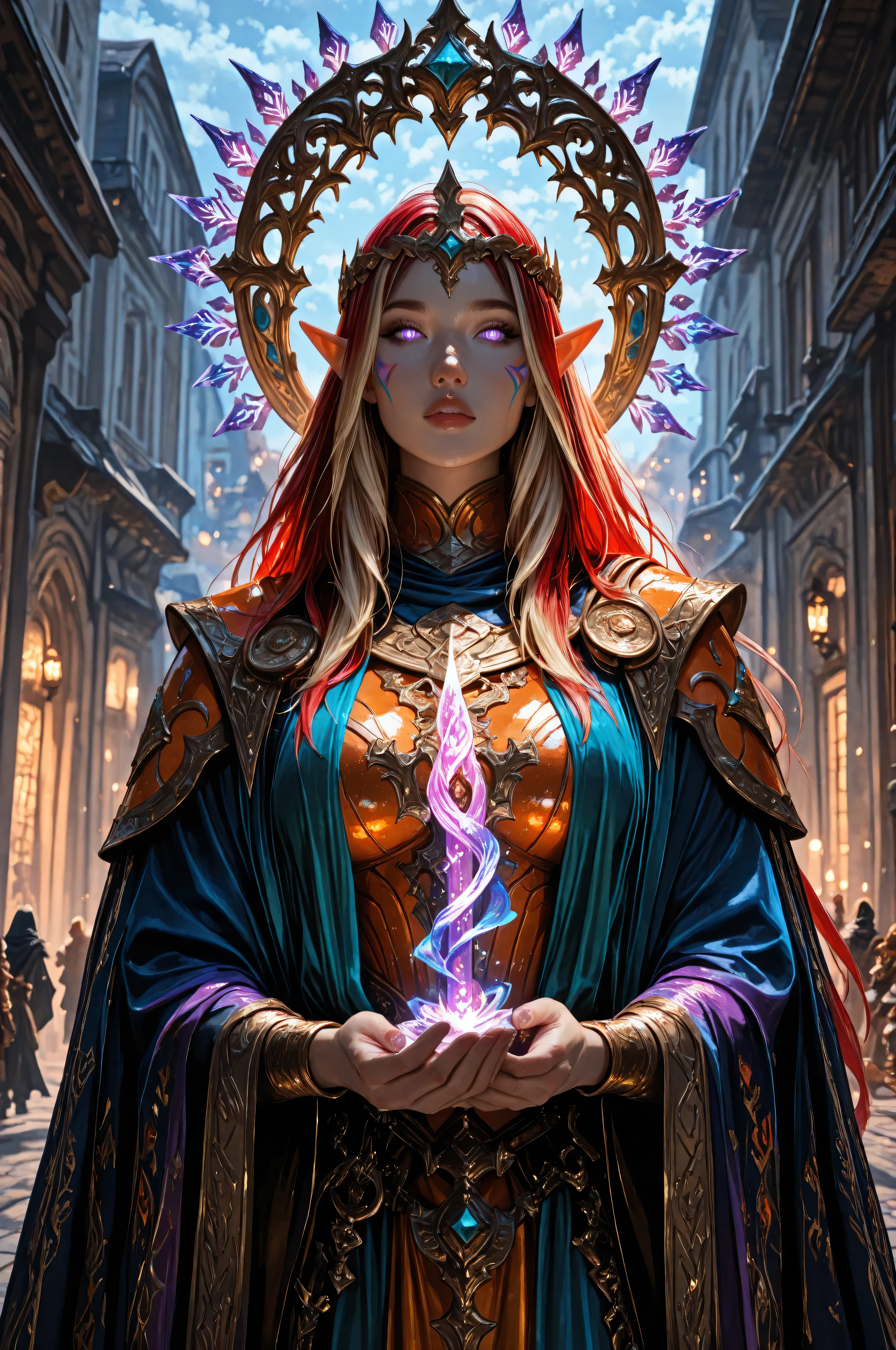 aidmaMJ6.1, a portrait of a female elf (intense details, Masterpiece, best quality) fantasy cleric, fantasy celestial guardian, armed with a holy symbol, shinning holy symbol, metallic shine, epic beautiful femlae elf, blond hair with red highlights , rich hair, purple glowing eyes, action shot, colorful magical sigils in the air, colorful divine markings floating, holding a holy symbol (intricate details, Masterpiece, best quality), fantasy magical urban street  in elven city (intense details, Masterpiece, best quality), multi colored cloak cloak, long cloak, orange armor, sense of daring, sense of adventure, high details, best quality, 16k, [ultra detailed], masterpiece, best quality, (extremely detailed), dynamic angle, ultra wide shot, photorealistic, RAW, fantasy art, dnd art,fantasy art, realistic art