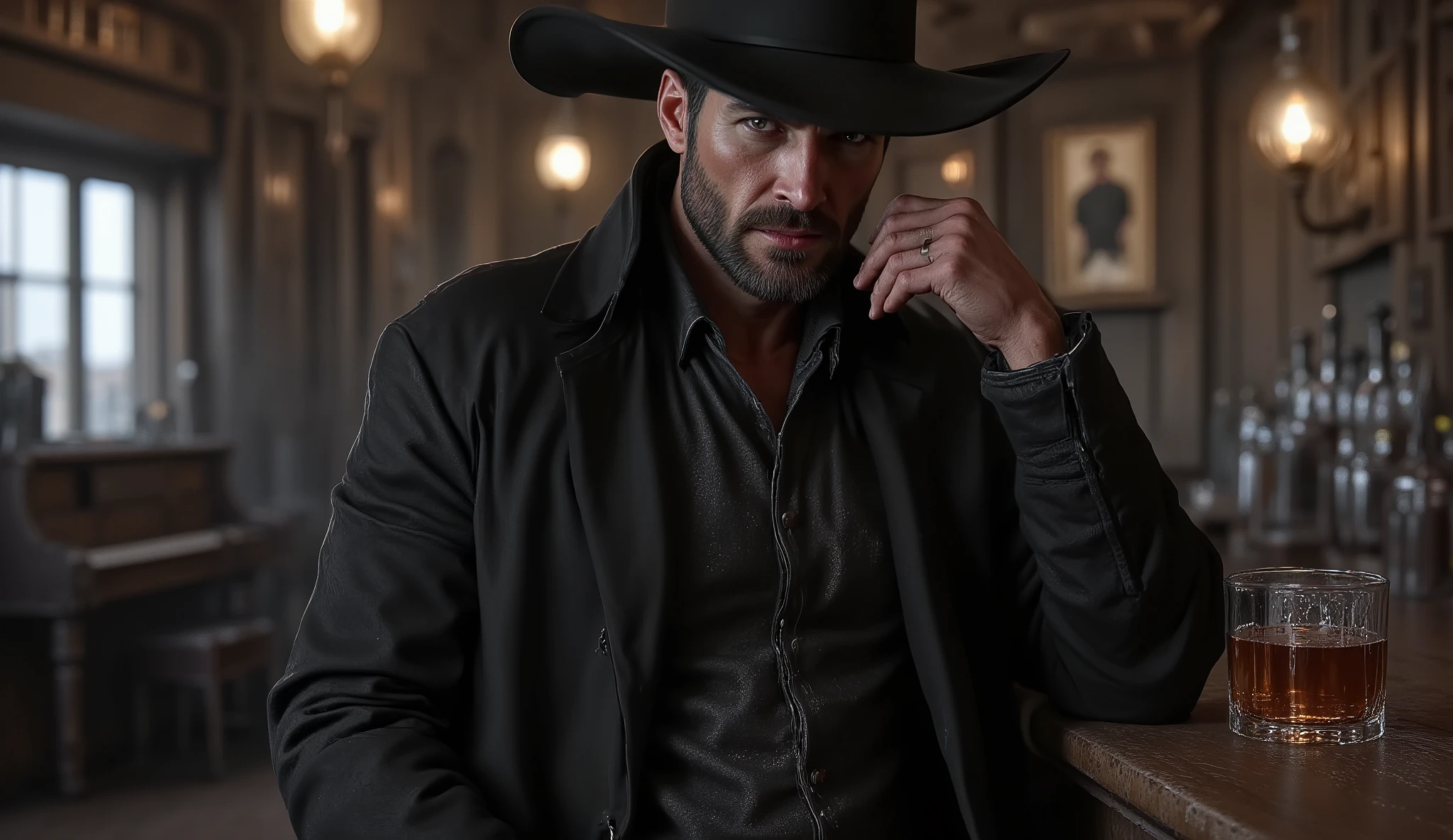 [FLUX] REALISTIC FANTASY MACHINE DIGITAL, 16:9 aspect ratio. Ultra-realistic cinematic waist-up portrait of Jack Crowley inside the Redstone saloon at night. He is seated at the bar, wearing a black wide-brimmed cowboy hat and a dark rugged coat, both with finely detailed fabric textures. His face is lifelike and sharply detailed: weathered skin with natural texture, piercing eyes, trimmed beard, illuminated by warm lamplight on one side and faint moonlight from the window on the other, creating dramatic contrast. His expression is calm, natural, and human, filled with quiet tension. One hand rests on the polished wooden counter while the other loosely holds a glass tumbler with an amber drink that reflects the soft glow of the lanterns. In the blurred background: the wooden bar with neatly arranged bottles, shadows of empty chairs, and a piano in the corner. Every detail is hyper-realistic — skin pores, eye reflections, hair strands, fabric stitching, and wood textures — cinematic Western atmosphere, no distortions, lifelike realism.