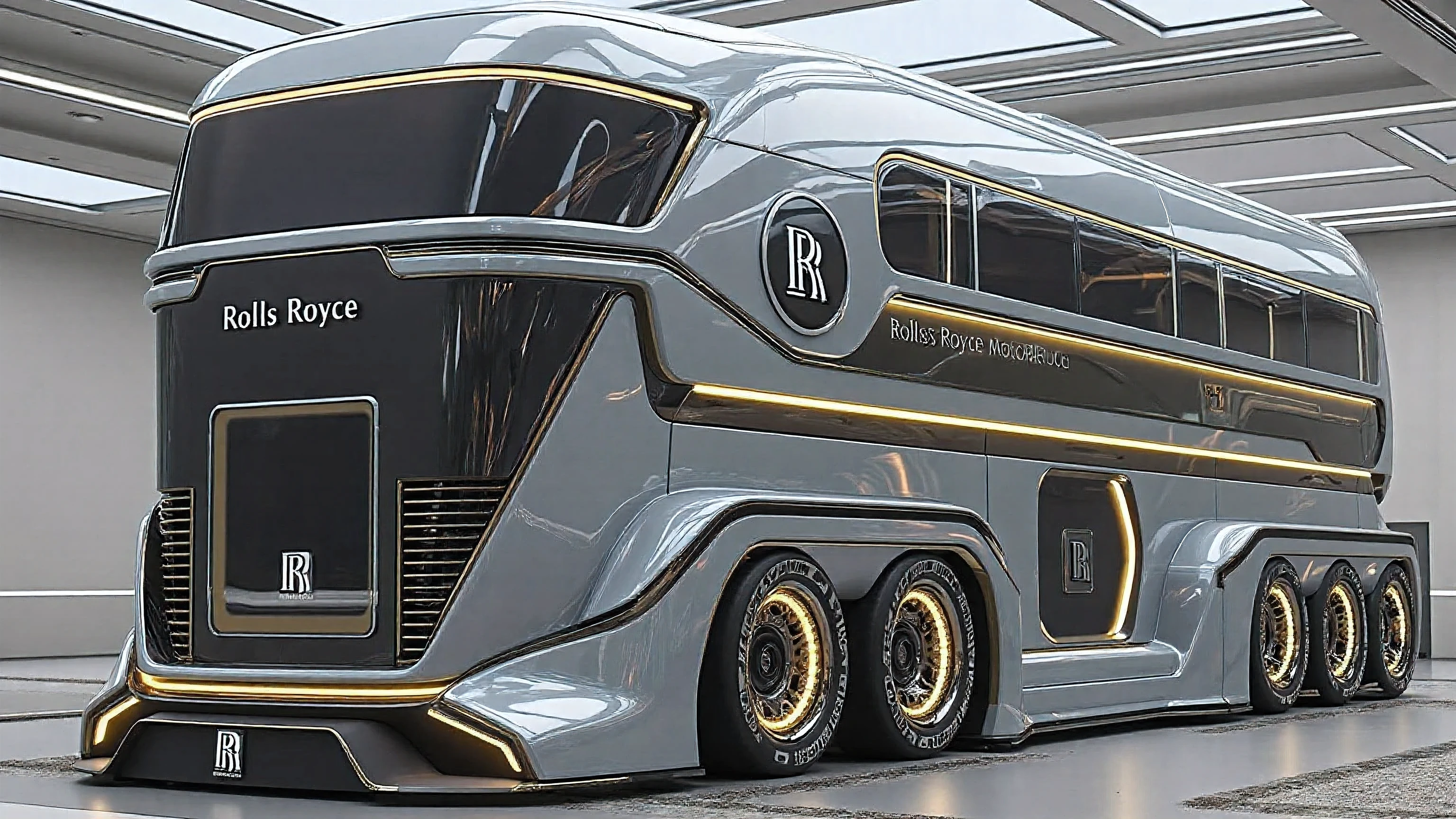 A futuristic luxury vehicle concept that looks like a Rolls-Royce motorhome / hyper-luxury bus. The design is extremely modern, sleek, and aerodynamic with an ultra-futuristic aesthetic.

Vehicle Design & Shape:

The front is tall, upright, and curved, resembling the luxury Rolls-Royce grille style but redesigned in a futuristic way.

The body is long and massive, styled like a luxury double-decker motor coach with a streamlined form.

Windows are large, tinted, and continuous, stretching along the sides in a black seamless glass panel design.

Six wheels per side (twelve total), oversized, with glowing accents and gold-colored inner rims.

Tires have branding text on the sidewalls, illuminated in white.

A Rolls-Royce emblem “RR” appears on the wheel hubcaps and side panels. DE_style

The body is painted in metallic silver-gray with glossy black accents.

Front Details:

At the very top of the front, the text “Rolls-Royce” is written in glowing white letters, centered.

A glowing accent line runs horizontally under the windshield, giving it a high-tech feel.

The lower part of the front has a Rolls-Royce logo “RR” on a black panel with gold trim.

Lighting & Environment:

The vehicle is displayed indoors, inside a futuristic luxury showroom or exhibition hall.

The ceiling has rectangular skylights with bright white light, reflecting off the glossy surfaces of the vehicle.

Soft shadows and reflections on the polished showroom floor.

Ambient light is balanced, with no harsh shadows, emphasizing the glossy futuristic surfaces.

Style & Rendering:

Ultra-realistic 3D render, cinematic style.

Hyper-detailed, with smooth surfaces and reflections.

High dynamic range, with strong contrasts between metallic gray, glossy black, and glowing accents.

Emphasis on futuristic automotive luxury and grandeur. DE_stlye.