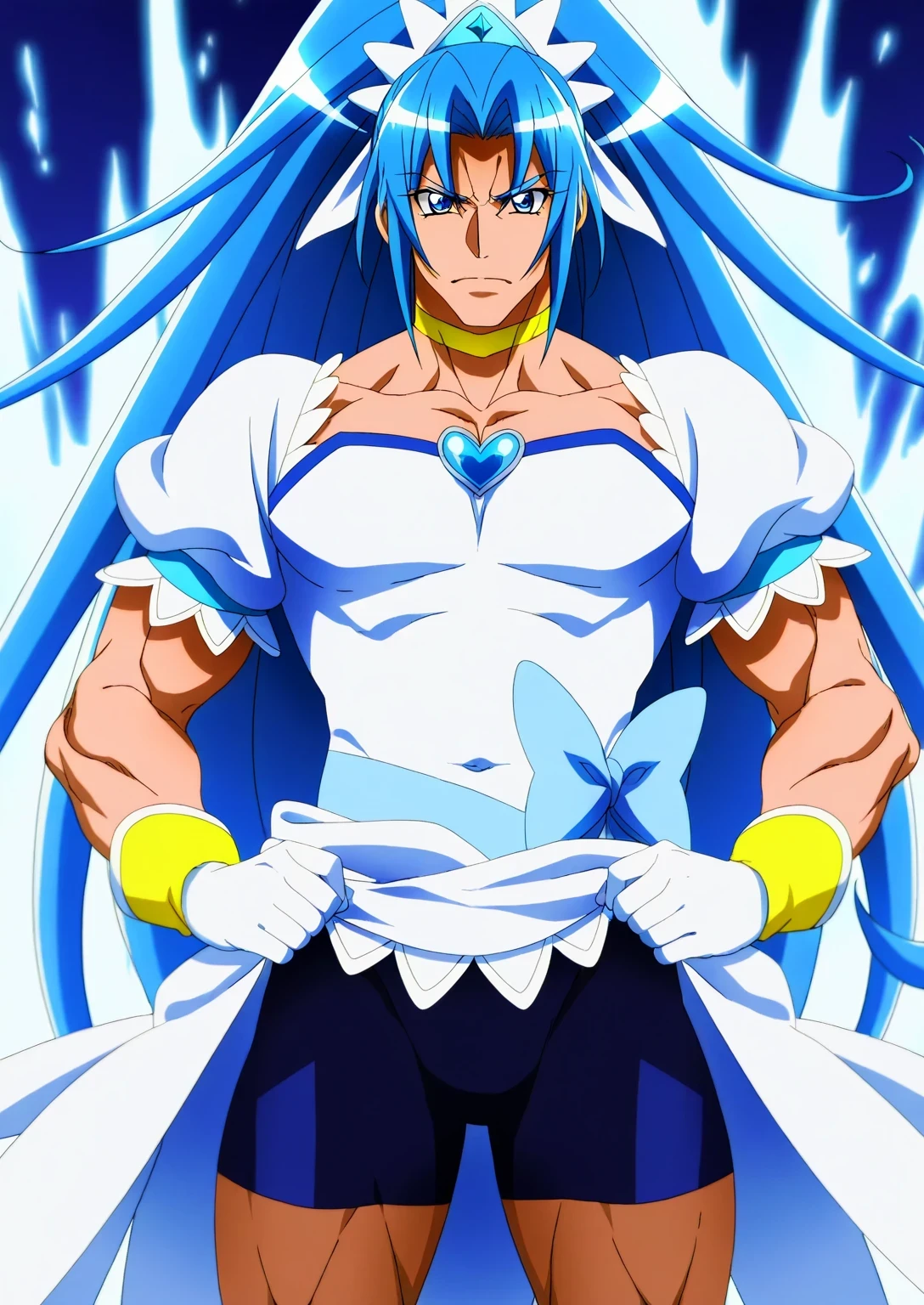 score 9 、score 8 up、score 7 up、source anime、傑作、Best quality、Best resolution、Best image quality、anime coloring、anime screencap、anime screenshot、official style、official art、1boy、cure diamond is a boy、(manly face:1.5)、blue haired male character is wearing a blue dress、high long ponytail hair、dia shape hair ornament、solo、portrait of magical boy、boy is wearing a white and blue dress、portrait of a solo、long legs、heavenly aura、the blue ice aura、white and blue skirt、mini skirt、high cut skirt、yellow neckwear、heart brooch、yellow choker、collarbone、white puffy sleeves、Symmetrical puffy sleeves、white gloves、yellow bracelet、blue waist bow、bare thighs、bare legs、white high heels、Symphogear art style、long blue haired boy、sapphire prince、official anime art style、style of magical boy、masculinization、cure diamond outfit、magical boy、official anime artwork、official anime style、Best resolution、perfect outfit、sparkling magical boy、(manly:1.5)、sparking blue eyes、perfect body、trapezius、perfect hands、perfect arms、perfect perfect legs、arm muscles、thigh muscles、semitendinosus muscles、hamstrings、adductor magnus muscles、male focus、looking at viewer、solo focus、cowboy shot、(male body:1.5)、beefcake style、blue background、blue bike shorts、short bike shorts、basic design bike shorts、tight bike shorts、blue bike shorts under the white and blue mini skirt、detailed outfit、I can see blue bike shorts、showing blue bike shorts、skirt lift、