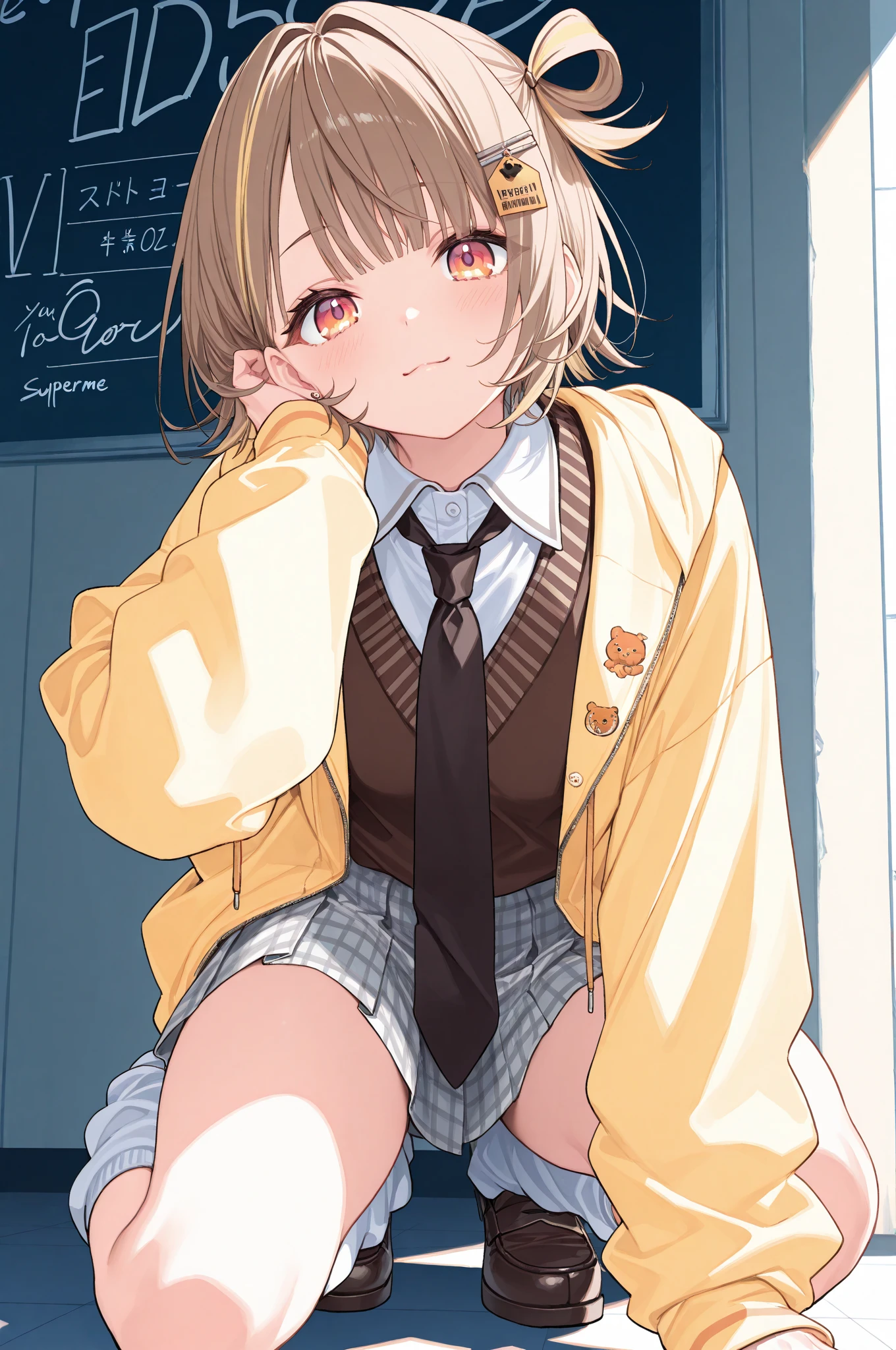 Surprised expression, wide eyes, surprised face, strange face, open mouth, face enhancement, beautiful face, brightening cheeks, looking at viewer, surprised expression, (masterpiece, highest quality, details), 1 girl, solo , outdoors, upper body, eyelashes, Midorikawa Hana, brown jacket, neck ribbon, collared shirt, (sitting leaning , knees bent, legs spread)
From the front, from below