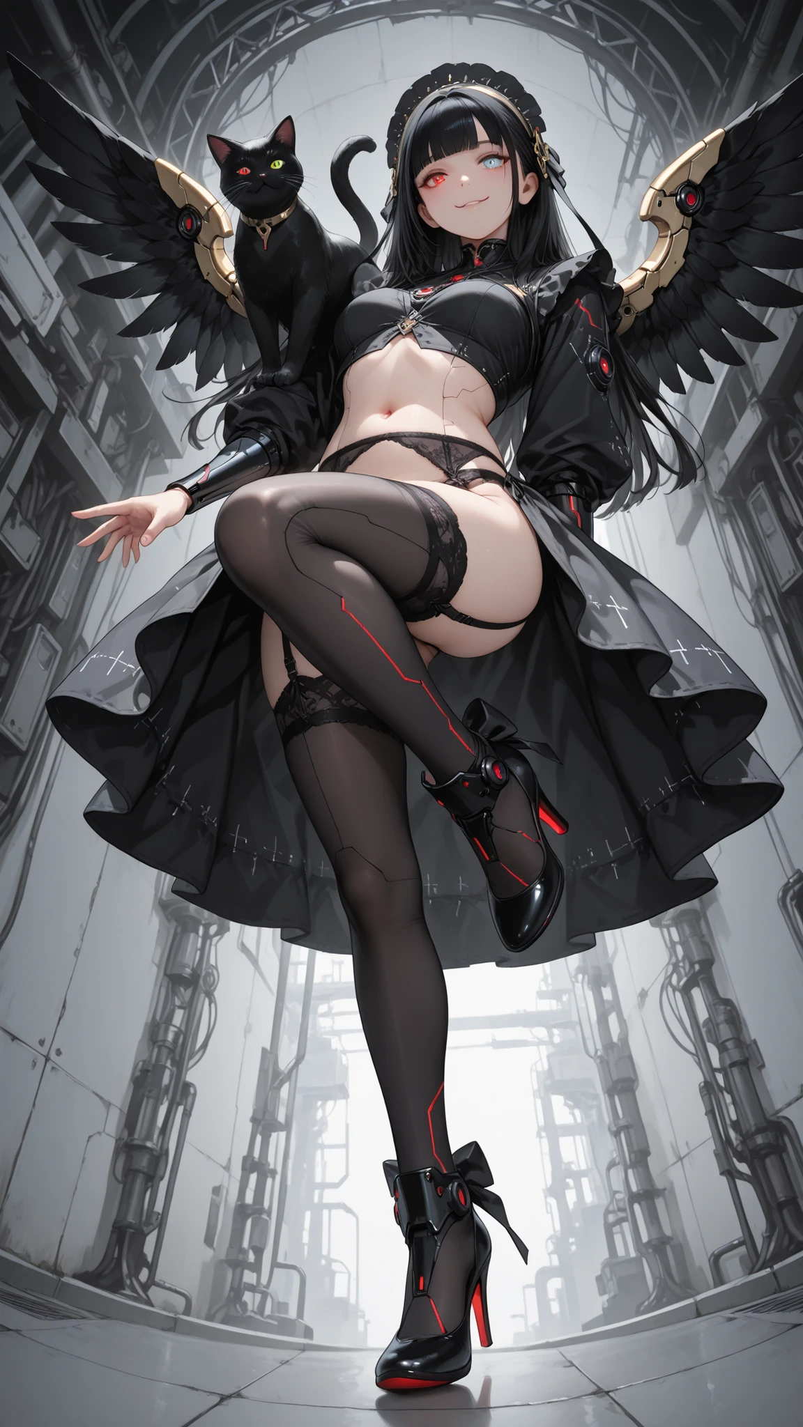 android, robot, cyborg, 1girl, (((((headdress))))), black robot-angel-wings, Futuristic robot, beautiful cyborg girl, Heterochromia eyes, (((My tummy is exposed))), black hair, black robot cat on her shoulder, glowing lines, LED studs, circuit print design, cyberpunk, looking at viewer, dynamic pose, slightly smiling, leg up, (((fullbody shot))), stockings, garter belt, (((((high heels))))), ((from below:1.5)), Distant view