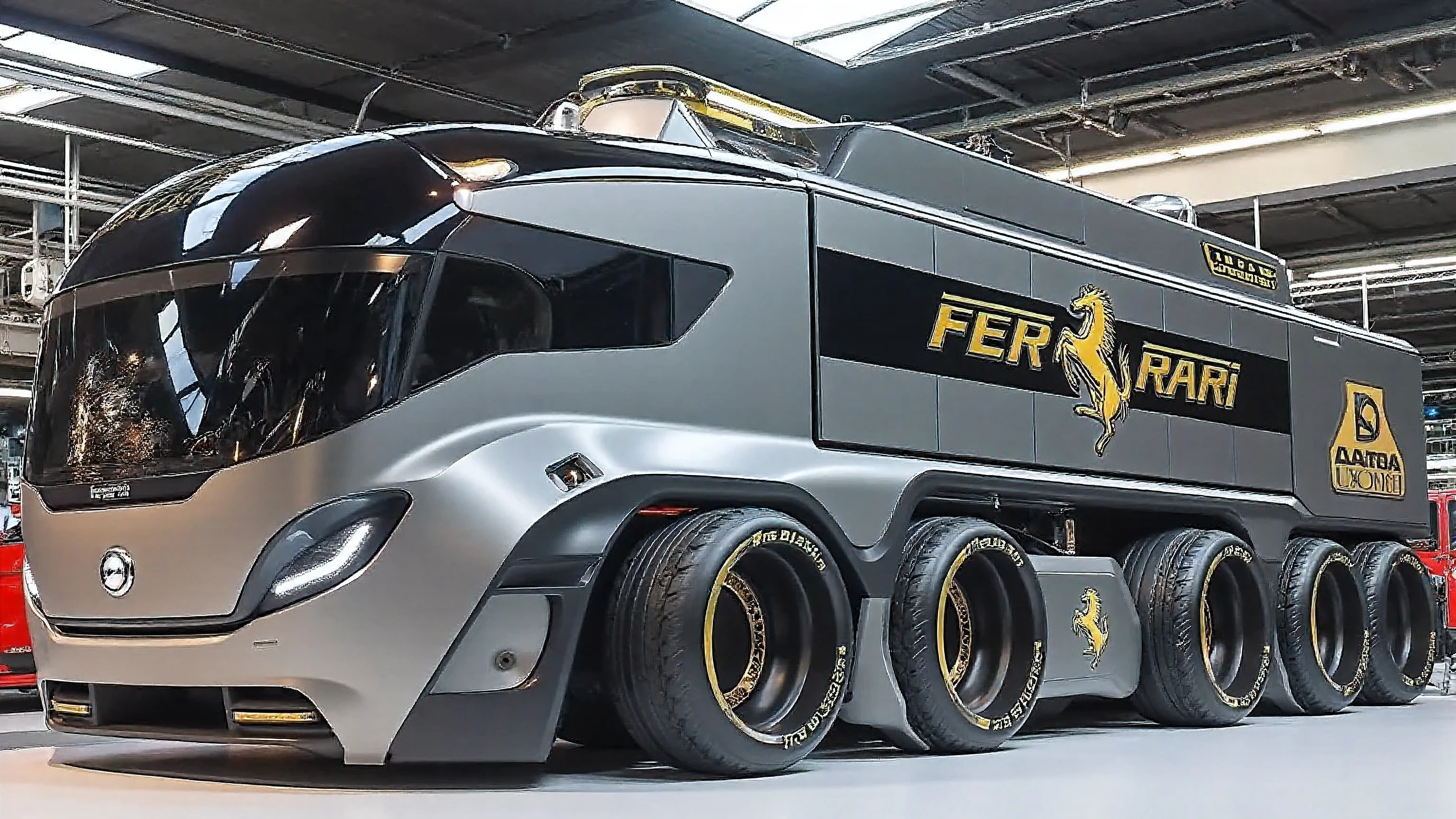 A futuristic ultra-luxury Ferrari motorhome concept, designed like a massive armored super-truck with a sleek aerodynamic front, curved edges, and a huge black panoramic windshield, featuring slim LED headlights, three circular lights on the bumper, and a visible futuristic engine bay behind the glass; the body is matte metallic silver-gray with glossy black accents, six oversized wheels per side with golden Ferrari text branding on the tires, deep wheel wells, and black heavy-duty rims; the side showcases bold golden 3D lettering “FER RARI” with the iconic golden Ferrari prancing horse emblem, plus another emblem near the rear wheels; displayed indoors in a luxury automotive showroom with reflective polished floors, skylights and ceiling lights creating glossy reflections, rendered in hyper-realistic cinematic 3D style with detailed lighting, metallic textures, and strong gold highlights.