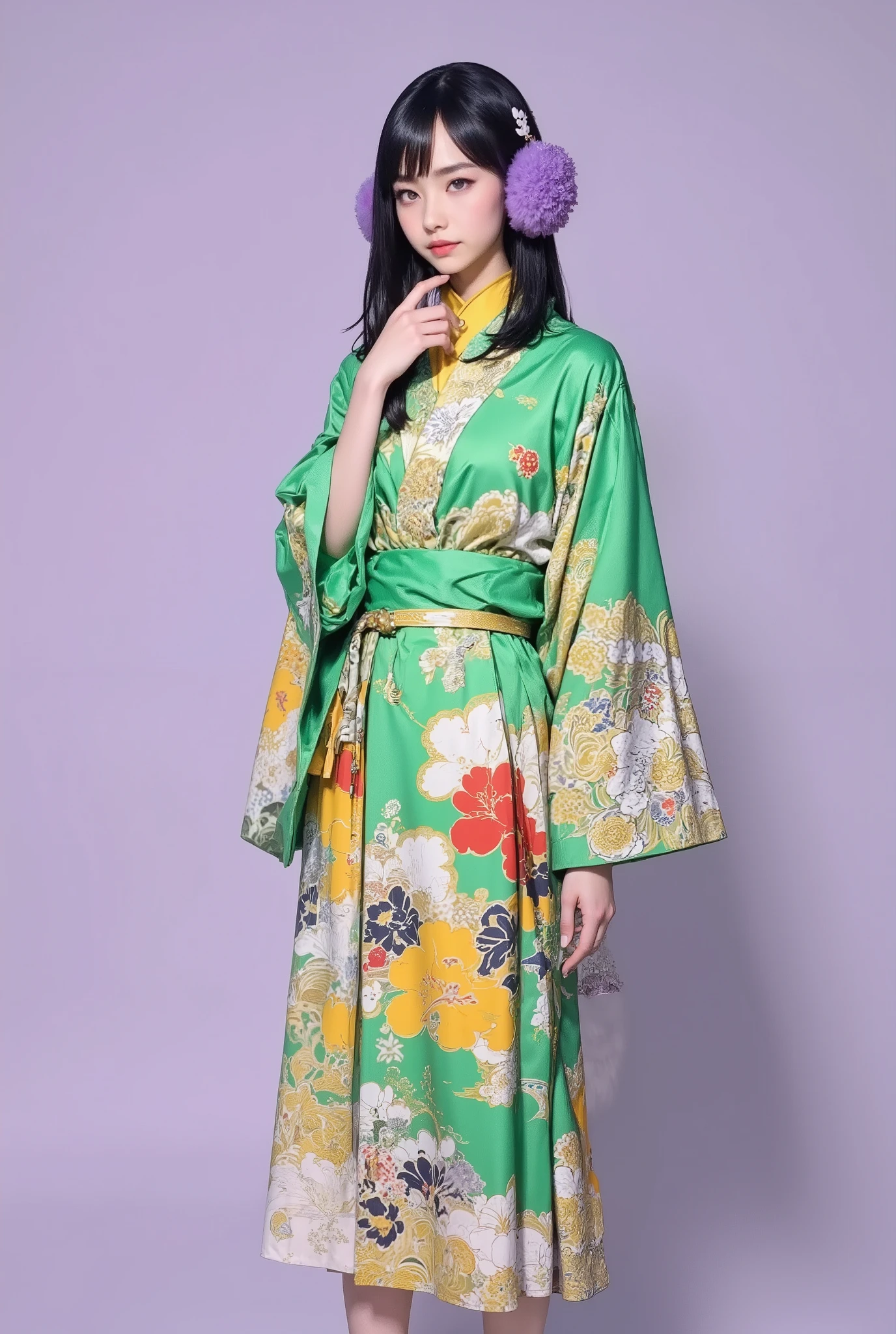 The woman wears a bright kimono with intricate patterns. The kimono is mainly decorated in bright green with a floral design based on white, Yellow, and hints of red. This traditional Japanese costume contrasts with modern accessories, thick purple earmuffs, lace gloves, etc.. Her Long, Her straight black hair flows smoothly down her back, accentuates the elegance of her outfit. She has a striking floral handbag, to add color to her ensemble. Clear, green and white stripes、black shoes, Complete the outfit, It's a harmonious blend of traditional and modern elements. The background is light purple , provide software, The neutral background highlights the rich color and texture of her outfit.