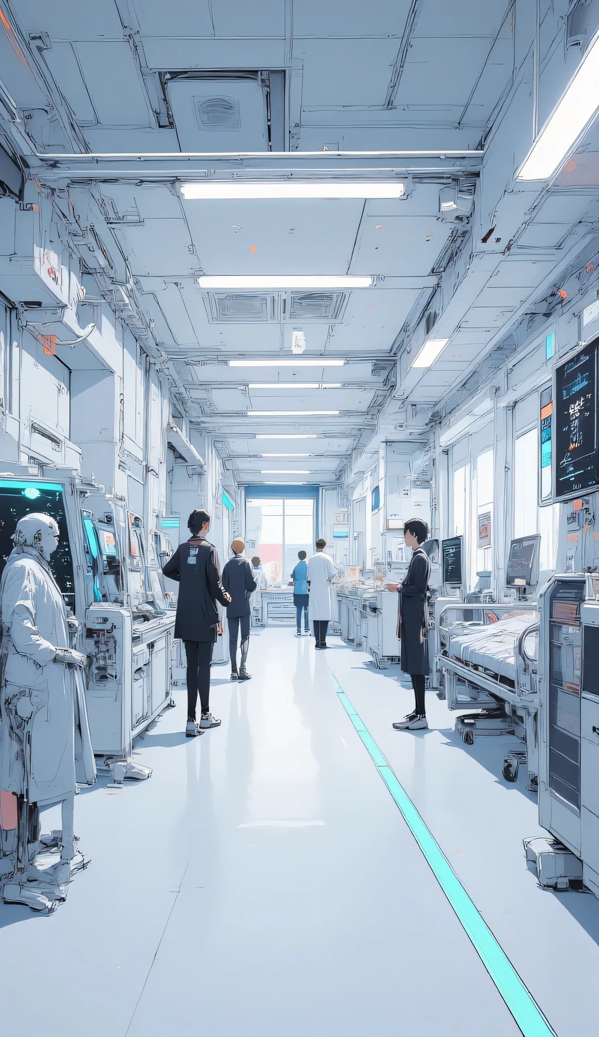 Modern hospital corridor, polished white floors, digital medical panels glowing softly, patients and doctors calmly moving, automated robots assisting, bright LED lights, safe and sterile atmosphere, anime background art, high detail.