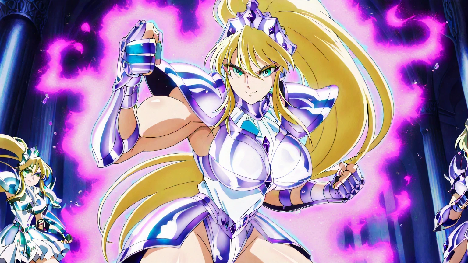 score 9 , score 8 up, score 7 up, source anime, 傑作, best quality, best resolution, best image quality, anime coloring, anime screenshot, 1woman, Katya, woman is wearing a white leotard, zodiac lady knight, strong muscles, Portrait of a Zodiac lady Knight, solo, very long hair, blonde hair, green eyes, high ponytail hair, muscular woman, 女性的で筋肉質, biceps, triceps, deltoids, shiny amethyst armor, Captivating princess knight, Clad in light armor, leotard armor lady, under leotard with an white, leotard under armor, high leg cut, leotard neck with an high neck, bare crotch, bare thighs, large boobs, elegance smile, huge breasts, very large breasts, very tall woman, shiny amethyst armor, shiny amethyst armor, Enchanting princess knight, Female Warrior, princess knight, blonde haired amethyst armor warrior, armored leotard, amethyst princess, breastplate armor, amethyst Reflective Armor, crystal amethyst armor, Smooth anime CG art, official anime style, galaxy princess, leotard armor lady, best quality anime art style, official anime art style, Northern Crown Armor, Northern Crown Helmet, gauntlets, fingerless gloves, cowboy shot, solo focus, looking at viewer, female focus, fighting stance, dynamic pose, blue aura,