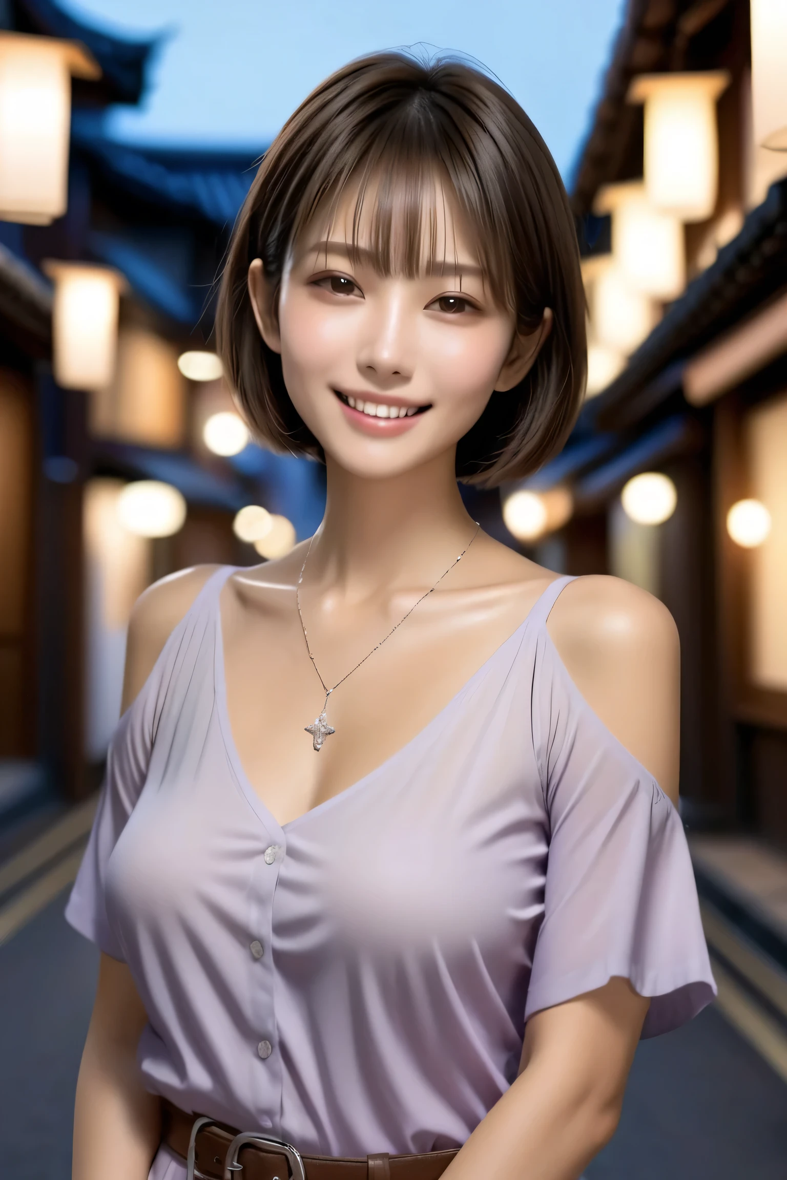 (masterpiece, best quality, photorealistic, 8k, ultra-detailed),
Full-body view of a beautiful Japanese woman from mid-thigh up (cowboy shot), with natural makeup, dark brown eyes, defined double eyelids, long silky eyelashes, and a confident alluring grin showing perfect white teeth.
She has sophisticated short hair and wears a light purple shirt, black tight mini skirt, and an elegant silver necklace.
Standing on the streets of Kyoto with traditional architecture and cinematic nighttime lighting, professional photography style.
beautiful face, smile, grin