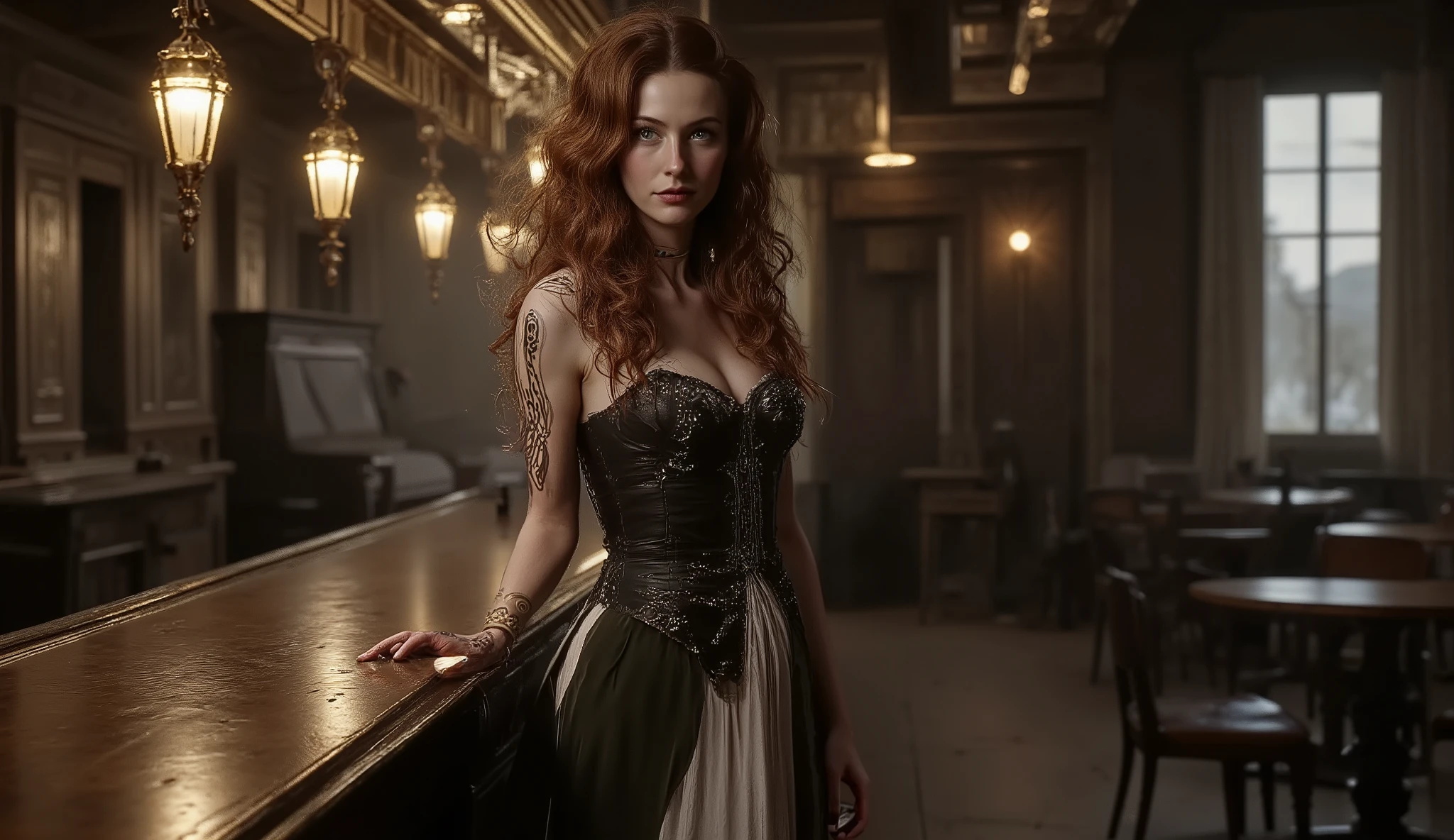 [FLUX] REALISTIC FANTASY MACHINE DIGITAL, 16:9 aspect ratio. Ultra-realistic cinematic interior of the Redstone saloon at night. The room glows with warm lantern light, contrasted by faint moonlight through the tall windows. Bel stands at the polished wooden bar, leaning slightly against it with graceful posture. Her gaze is directed across the room, eyes sharp, lifelike, and expressive, as if fixed on someone unseen. She wears a sensual yet elegant late 19th-century outfit: a fitted corset with lace details, a flowing dark skirt with a slit revealing boots beneath, and a delicate choker around her neck. Her dress is provocative but tasteful, accentuating her figure while keeping historical authenticity. Her hair is styled loosely, with strands catching the lamplight, giving her a striking, alluring aura. Her expression is human, natural, and filled with subtle provocation — a mix of challenge and intrigue. The blurred background reveals empty tables, a silent piano, and heavy curtains, all sharply detailed with cinematic realism. Skin, eyes, fabric, and wood textures are hyper-detailed and lifelike, no distortions, atmospheric and dramatic Western mood.