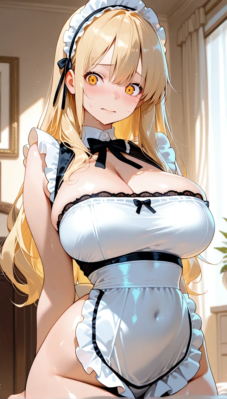 1 girl, game CG, Pasty  Playboy ,  ears hair accessory,  tail accessories, , Yellow shiny hair, long hair, ponytail, Princess hairstyle, black eye, indoors, throw,