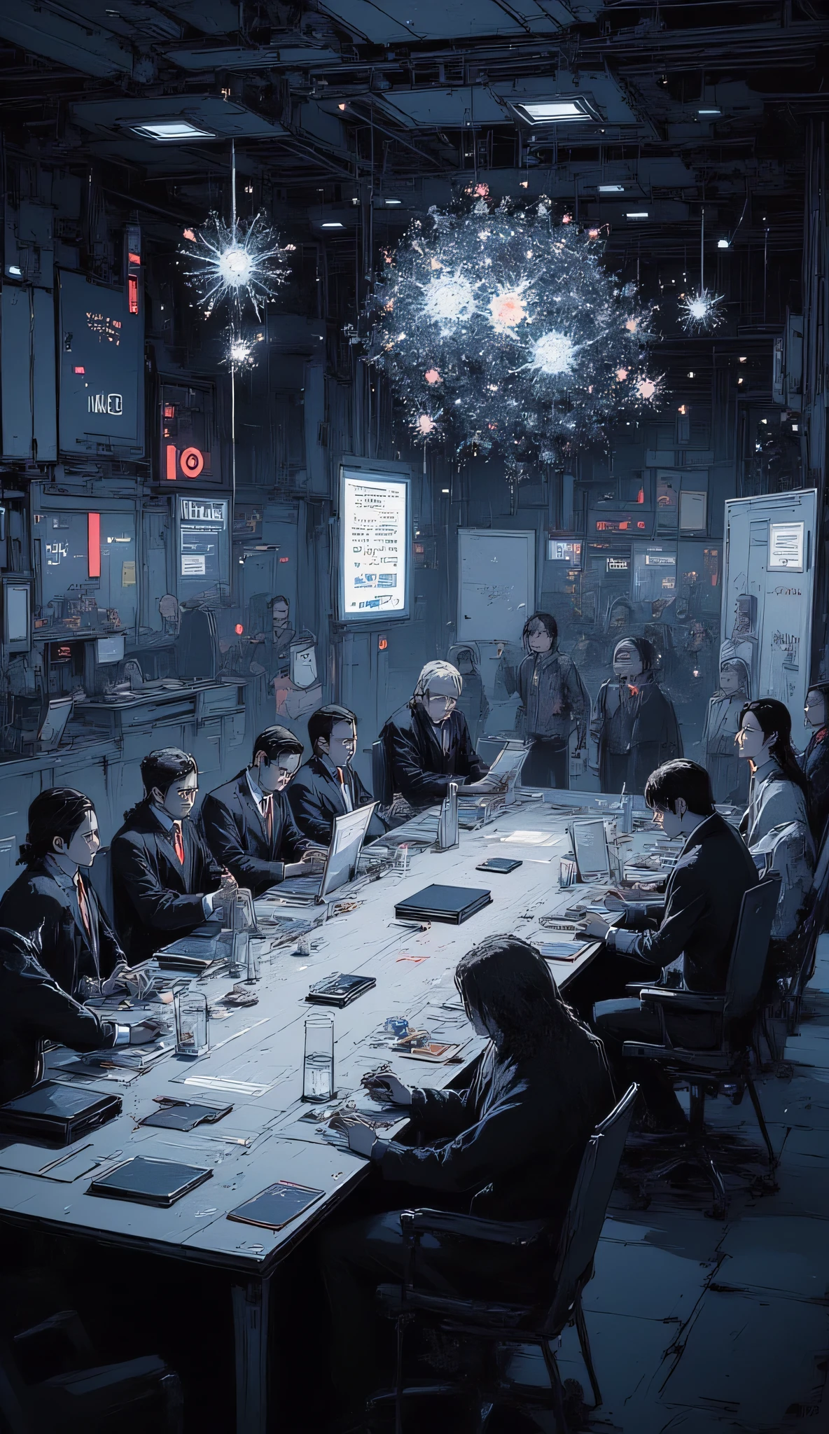 High-tech government war room, long metallic table with holographic screens, political leaders and scientists debating, giant world map projection showing infection spread, dim lighting, tense atmosphere, anime concept art style.