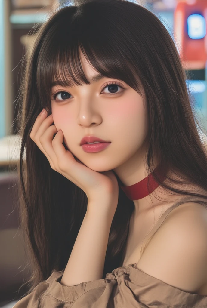 8K,  masterpiece, (perfect composition), (realistic skin texture), (top quality), (super detail), ( masterpiece), (anatomically correct), (elegant lighting), (Natural tones), (cinematic image), (wallpaper aesthetics), 32k ultra detay, Korean young woman,  20 years old , beautiful facial contours, smooth skin, hafif makyaj, light pink lips, bright eyes, long and straight black hair, My hips are floating、crouched and spread its legs 、ten-headed body、thin、Harajuku bustling street 、Dog collars、