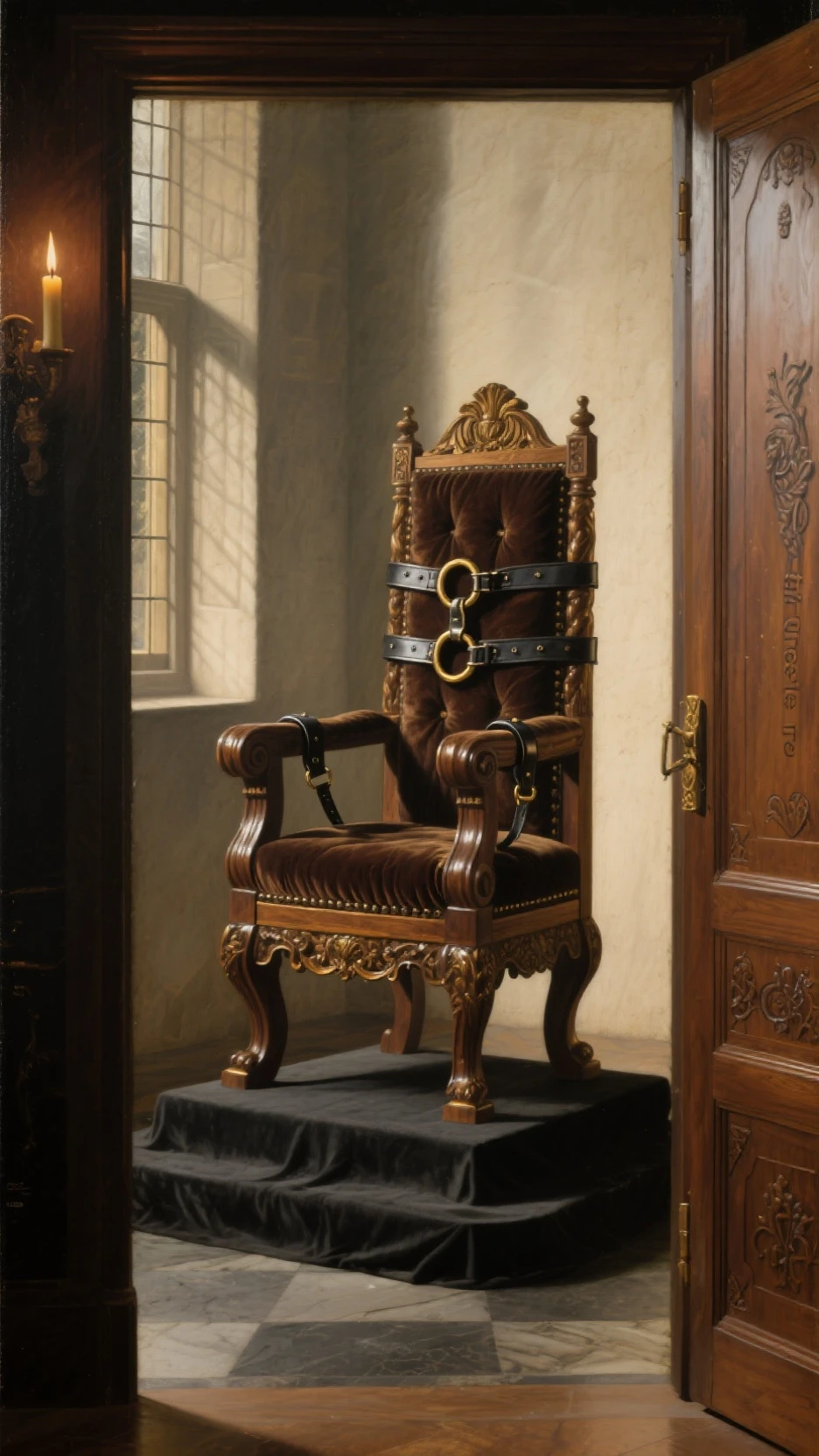 , tifa Lockhart, perfect body, huge   , chain nacklace,  Chamber, wet body, hand's up, full body, split leg, hands tied with chain, legs straddle, sitting on the chair, fingers clenched,  