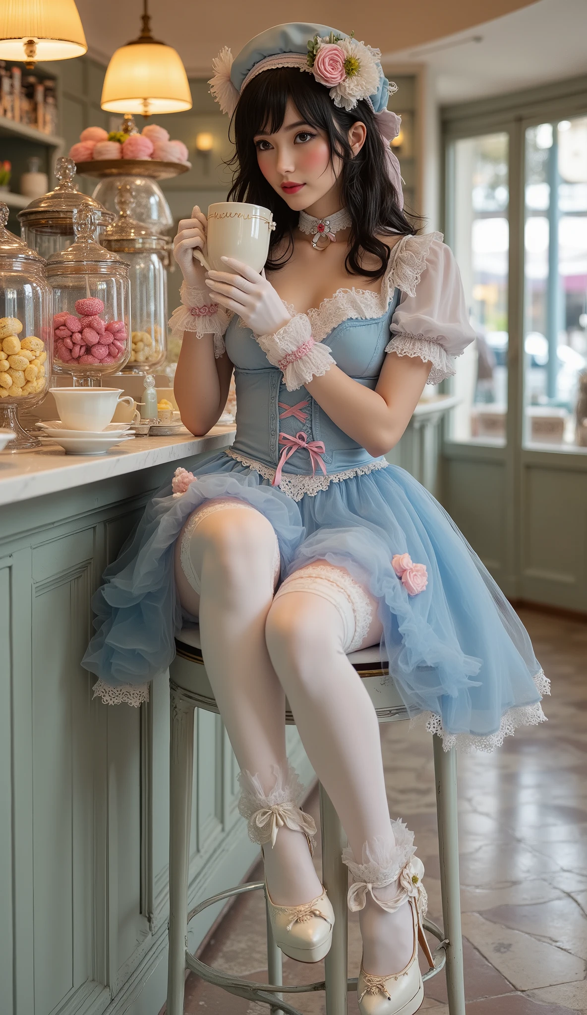 Subject: A beautiful dark-haired woman in a Sweet Lolita fashion coord. She is sitting elegantly on a high bar stool at a patisserie counter, with her legs gracefully crossed. Her pose is relaxed yet refined: she is leaning back slightly, holding a large mug of cappuccino by its handle as if she has just blown on it. Her gaze is soft, thoughtful, and directed somewhere away from the viewer, beyond the frame. Apparel & Look: Dress: A soft blue tulle and satin dress with white lace trim and delicate pink details (bows, ruffles). Hosiery: White thigh-high stockings with intricate lace tops and elegant garters adorned with tiny bows and pearl accents. Footwear: Platform heels decorated with ornate bows and miniature edible decorations (lollipops, macarons). Accessories: Elbow-length white gloves, a small cloche hat adorned with flowers and ribbons, and delicate lace ribbons in her hair. Setting & Atmosphere: Scene: A cozy, vintage-style patisserie with a pastel color scheme. On the counter: An assortment of glass jars filled with colorful candies and lollipops, pastel-colored desserts on porcelain plates, a dusting of powdered sugar. Color Palette: A soft and sweet palette: muted grey, peach, lemon-yellow, beige, shades of coffee-with-milk, soft blue, and dusty pink. Lighting: Warm, soft, and cinematic, creating an intimate and cozy atmosphere. Details & Style: Photorealistic detail, hyper-detailed textures (satin, tulle, lace, glass), shallow depth of field, cinematic lighting, 8k resolution.