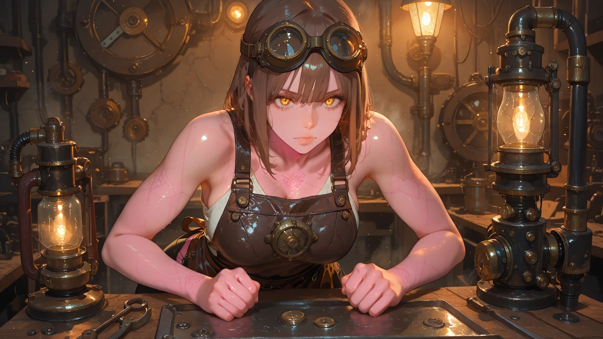 high quality, masterpiece, anime style, short brown haired steampunk inventor girl, Expressive amber eyes, leather apron and steampunk goggles to hold the tools, working on a strange mechanical device, dark skin with soft pink skin, messy workshop background full of gear and tools, warm, glowing lamp light reflecting off her skin and metal surfaces, dynamic pose, super detailed rendering, soft cinematic shadows