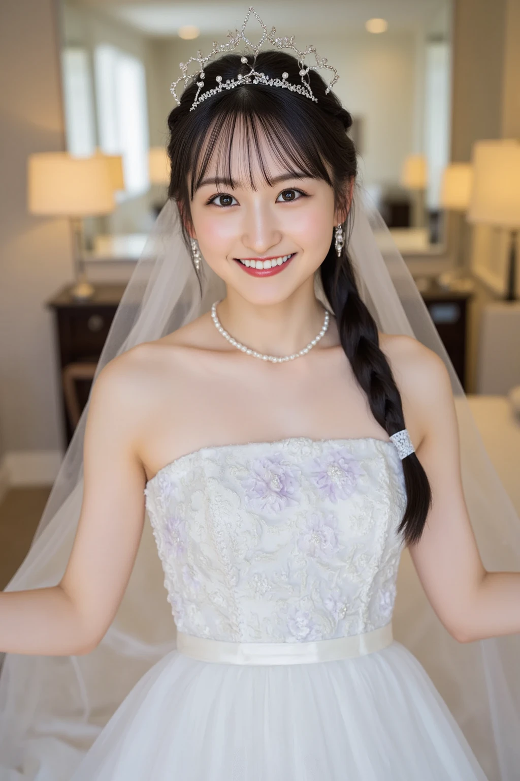 A close up of a woman in a wedding dress sitting on a chair - SeaArt AI
