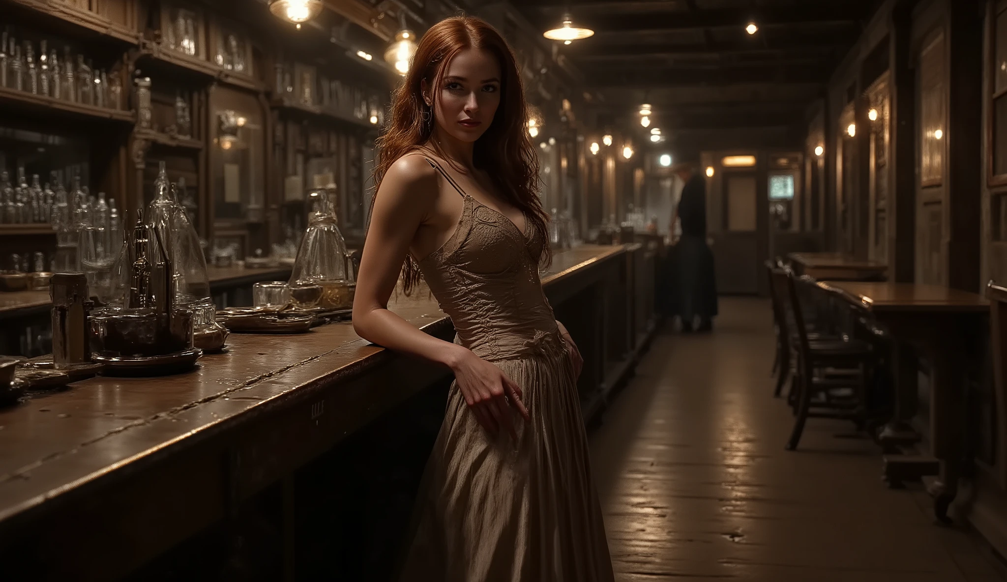 A dimly lit saloon interior at night, wooden floor reflecting the glow of oil lamps. At the bar counter, a striking woman named Bel leans casually, her posture both confident and alluring. She wears a fitted, elegant corset-style top with subtle lace details and a long skirt with a high slit, suggesting a provocative yet tasteful allure. Her hair falls loosely over her shoulders, and a faint smirk curves her lips as she gazes toward the unseen figure of Jack Crowley, who is implied but not visible in the scene. Shadows and warm amber light highlight the contours of her figure, creating a cinematic, moody Western atmosphere filled with tension and mystery.