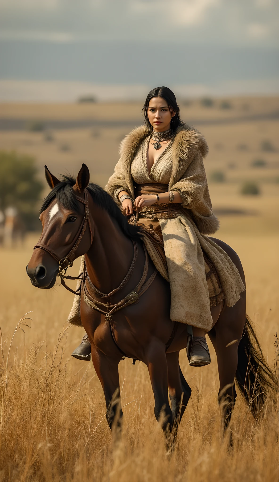 Ancient prehistoric age era, 
Stone civilization age era, 

((Realistic cinematography ultra wide depth intense stunning savana nature angle of scenery)),,the detailed of an Eurasian female herder riding a realistic horse,an intricately horse,,(within densely ultra intricately),(nomads community),((a nomads tribe)),wearing full coverage long fur primitively fabric long tunic and coat primitive wardrobe gown dress,,,(perfectly depth symmetrically curvy, big cleavages, and bosomy body shapely),(cinematic dynamically camera wide angle scenery:accurately depicted:1.3),the lively prehistoric savana depicting scenery,afternoon,realistically full depth,(cinematography dynamic angle|hyperrealistic:realistic scenery:3d texture over the scenery),autumn season,best videography angle,hdr,golden hour, (cinematography vibe),primitive wardrobe,(dynamic image composition),(octane 3d rendering|50mm lens shot:1.3),(lifelike skin texture:lifelike hairs:realism),(best rule of third photography composition),(best image aperture),(full details depth of field),(best shutter speed),(RAW photo image),(photorealistic|photorealism:hyperrealism style),(realistic depth 3d:cgi:1.3),(trending on cgsociety:devianart:unreal engine 5),,(best photography:national Geographic style), solarPunkAi and greenPunkAi artwork, digital art,best lighting concept,(realistic intricately fixed truly fully human's anatomy body+hands+and+fingers anatomical),natural motion,inspired by farcry5 game artwork.