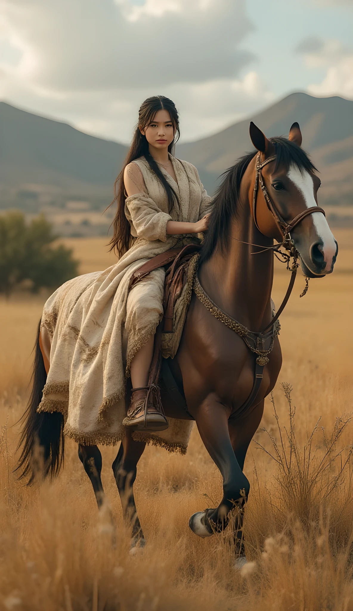 Ancient prehistoric age era, 
Stone civilization age era, 

((Realistic cinematography ultra wide depth intense stunning savana nature angle of scenery)),,the detailed of an Eurasian female herder riding a realistic horse,an intricately horse,,(within densely ultra intricately),(nomads community),((a nomads tribe)),wearing full coverage long fur primitively fabric long tunic and coat primitive wardrobe gown dress,,,(perfectly depth symmetrically curvy, cleavages, and bosomy body shapely),(cinematic dynamically camera wide angle scenery:accurately depicted:1.3),the lively prehistoric savana depicting scenery,afternoon,realistically full depth,(cinematography dynamic angle|hyperrealistic:realistic scenery:3d texture over the scenery),autumn season,best videography angle,hdr,golden hour, (cinematography vibe),primitive wardrobe,(dynamic image composition),(octane 3d rendering|50mm lens shot:1.3),(lifelike skin texture:lifelike hairs:realism),(best rule of third photography composition),(best image aperture),(full details depth of field),(best shutter speed),(RAW photo image),(photorealistic|photorealism:hyperrealism style),(realistic depth 3d:cgi:1.3),(trending on cgsociety:devianart:unreal engine 5),,(best photography:national Geographic style), solarPunkAi and greenPunkAi artwork, digital art,best lighting concept,(realistic intricately fixed truly fully human's anatomy body+hands+and+fingers anatomical),natural motion,inspired by farcry5 game artwork.