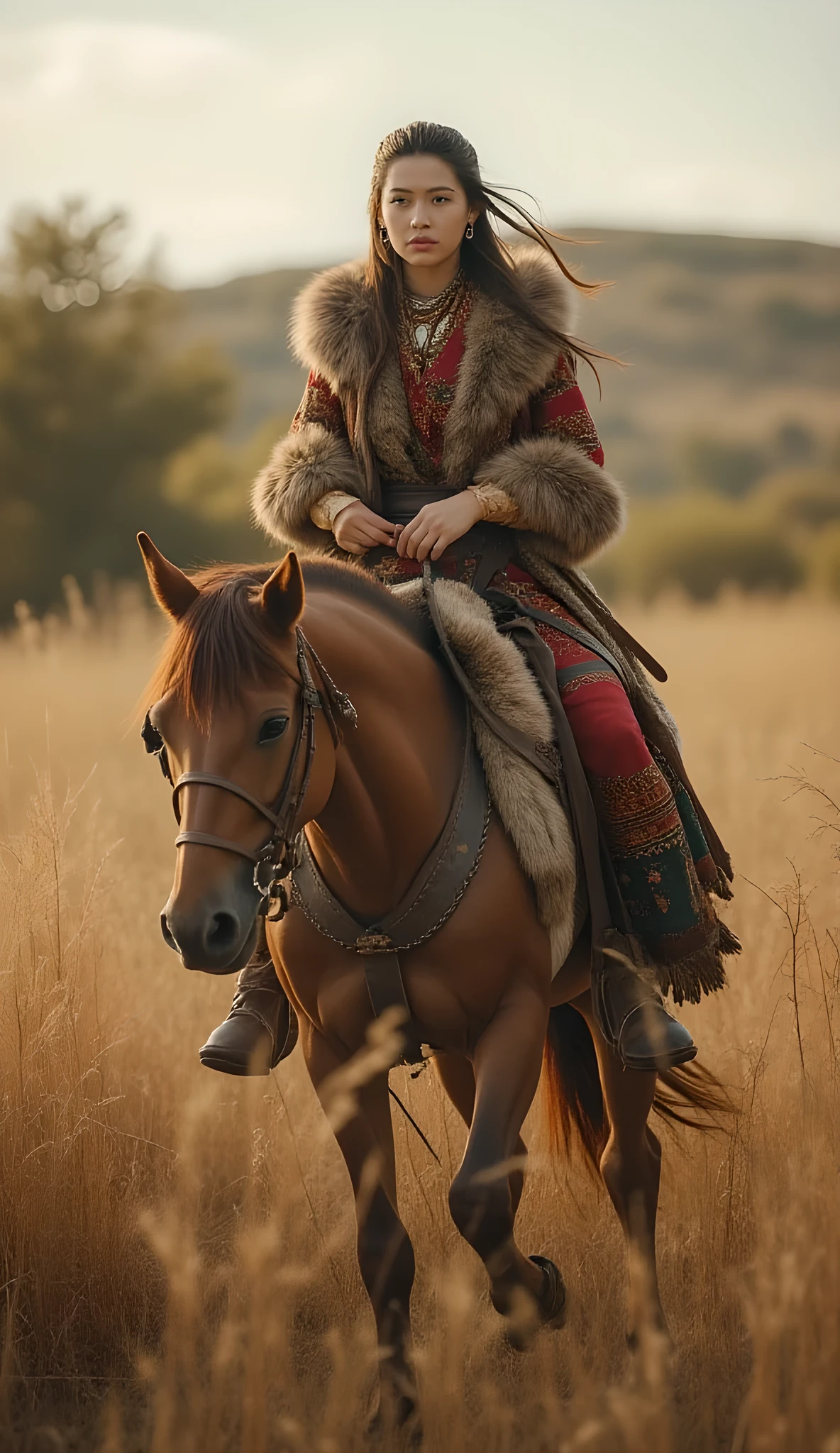 Ancient prehistoric age era, 
Stone civilization age era, 

((Realistic cinematography ultra wide depth intense stunning savana nature angle of scenery)),,the detailed of an Eurasian female herder riding a realistic horse,an intricately horse,,(within densely ultra intricately),(nomads community),((a nomads tribe)),wearing full coverage long fur primitively fabric long tunic and coat primitive wardrobe gown dress,,,(perfectly depth symmetrically curvy and busty body shapely),(cinematic dynamically camera wide angle scenery:accurately depicted:1.3),the lively prehistoric savana depicting scenery,afternoon,realistically full depth,(cinematography dynamic angle|hyperrealistic:realistic scenery:3d texture over the scenery),autumn season,best videography angle,hdr,golden hour, (cinematography vibe),primitive wardrobe,(dynamic image composition),(octane 3d rendering|50mm lens shot:1.3),(lifelike skin texture:lifelike hairs:realism),(best rule of third photography composition),(best image aperture),(full details depth of field),(best shutter speed),(RAW photo image),(photorealistic|photorealism:hyperrealism style),(realistic depth 3d:cgi:1.3),(trending on cgsociety:devianart:unreal engine 5),,(best photography:national Geographic style), solarPunkAi and greenPunkAi artwork, digital art,best lighting concept,(realistic intricately fixed truly fully human's anatomy body+hands+and+fingers anatomical),natural motion,inspired by farcry5 game artwork.