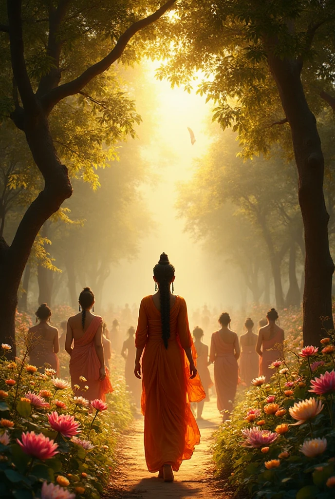Devas Raining Flowers Queen Māyā Devi arriving at the beautiful Lumbini garden for childbirth ...