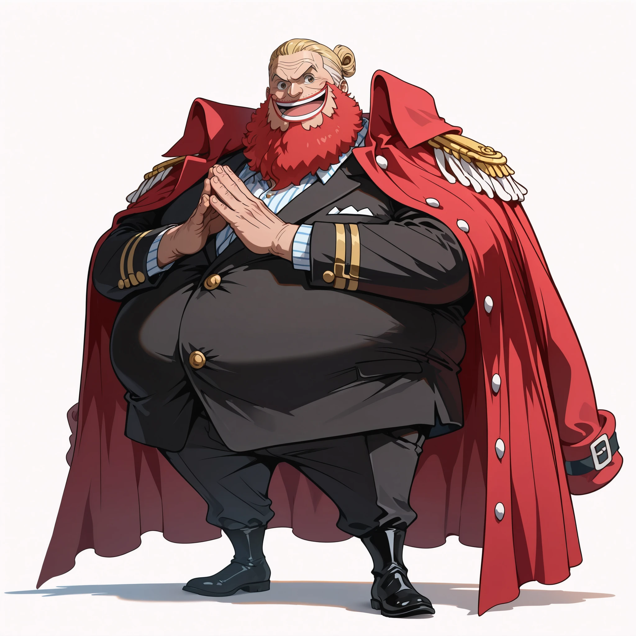(male), (old man), (short legs), (large arm), (very fat body), (red beard), (slick back hairstyle), (blonde hair), (brown eyes), (happy face), (happy pose), (giant body), (giant character), (solo), (single character), (full body version), (white background), (no background), (highly detailed), (shadow), (standing pose), (natural light), (detailed outfit), (detailed hand), (detailed face), (detailed hair)
Wearing vice admiral casual formal outfit, elegant open coat with naval details, formal inner shirt, long formal trousers, black formal boots, and a flowing admiral cloak. (One piece style art)