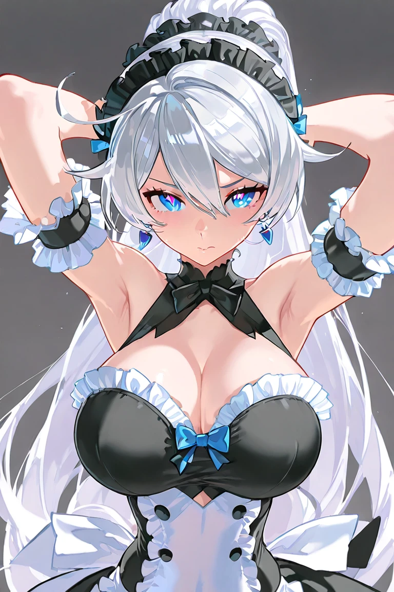 1girl, anime, cute girl, blank background, white background, fantasy, detailed dark fantasy dress with highlights, beautiful face, beautiful eyes, dark colors, silver hair, slightly small , slight cleavage, beautiful skin, cute,  curtains, extremely delicate and beautiful, (beautiful detailed face:1.0), (detailed deep eyes), symmetrical , deep eyes, shiny skin, portrait, slender waist,  wider than shoulders, thighs, young girl, expressionless, luminous eyes