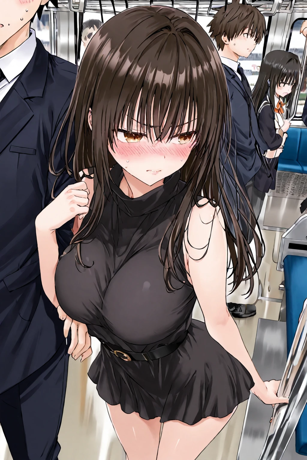 score_9, score_8_up, score_7_up, intricate details,1girl,solo,black hair,long hair,braided ponytail,blunt bangs,brown eyes,eyebrows,hair behind ear, tattoos, sinozick,flat colors,cowboy body shot,sinozick,flat colors, Front view, nude, nipple, breast, wet skin (molested, molestation), standing coat, naked , bdsm harness, breasts aureola, high band, breasts apart, shy ,( flushed:1.3),( blush:1.3),( sweat:1.5) crowded subway, crowd, people, wide hips , flashing,(creampie, orgasm, trembling, quivering, sweating, oiled, extreme nervous, extreme worried, looking up, nervous) wet skin,