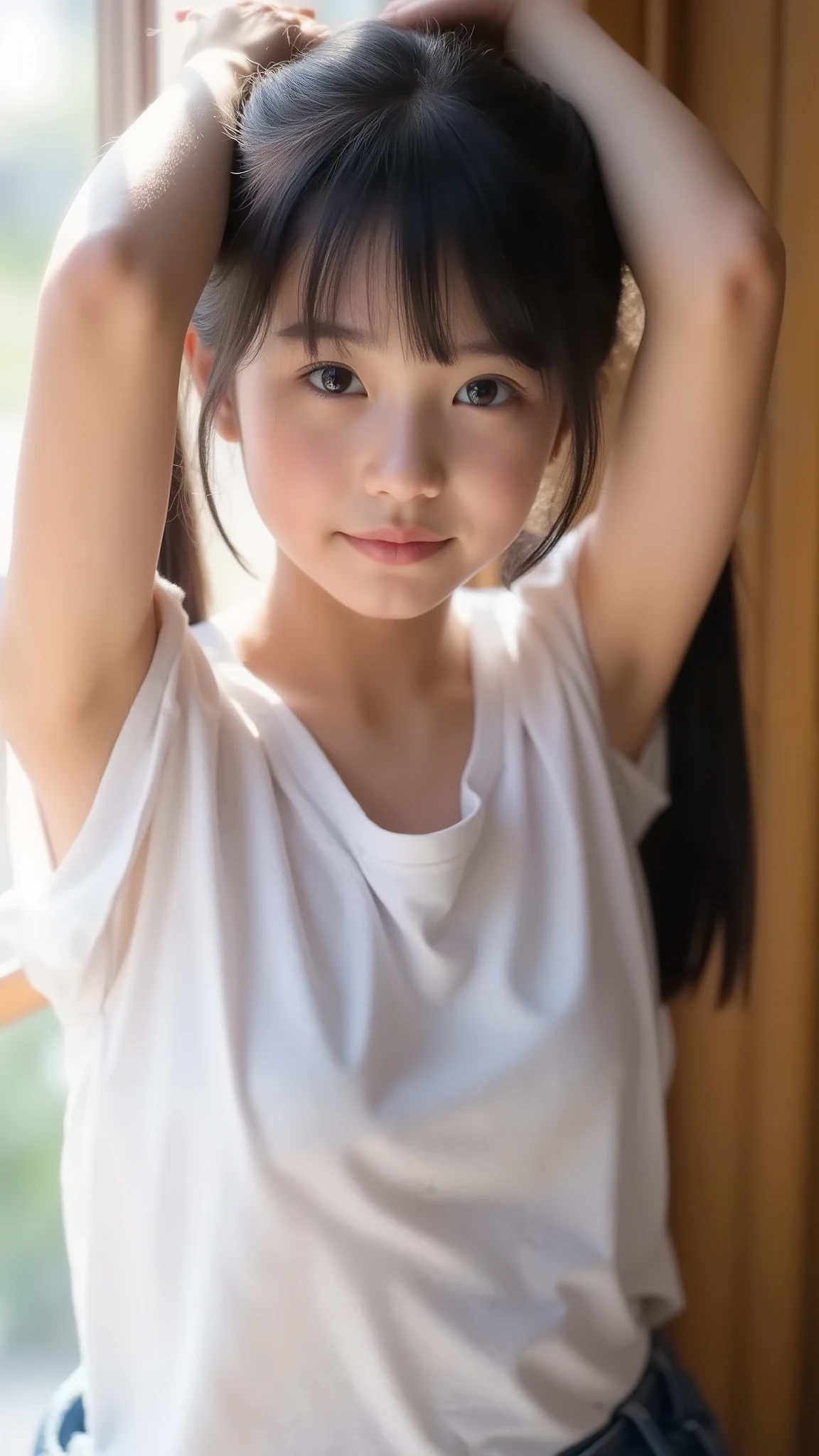 big eyes、her long black twin tails are backlit、and it looks beautiful、世界一cute中学生、 She crosses her arms、and arms above your head 、 show me your eyes 、big eyes、smile,( She's a Middle School Student 、There are:1.8),(8k, Original Pictures, Highest Quality, masterpiece: 1.45), Aカップのchest、and、symbol body、(realistic, photorealistic: 1.8), 8k,( 肩紐のandても細いシースルーの大きくchest元が広く肌のみえる白いキャミソール:1.7), Single Girl, cute, smile, happy, Full 、Light pink realistic and detailed small 、Embarrassing Posture : 1.2, (the cutest :1.5),((( 白の肩紐がandても細いシースルーのキャミソール ))),(((beautiful idol class girl))),(幅広い背中and見える皮膚:1.5), armpit、chest、大きな白いダイコンand美しいarmpitの毛が出ている {X} , Damaged Denim Shorts、smile, cute, big eyes, Highest Quality, bust, Brush, Brush,