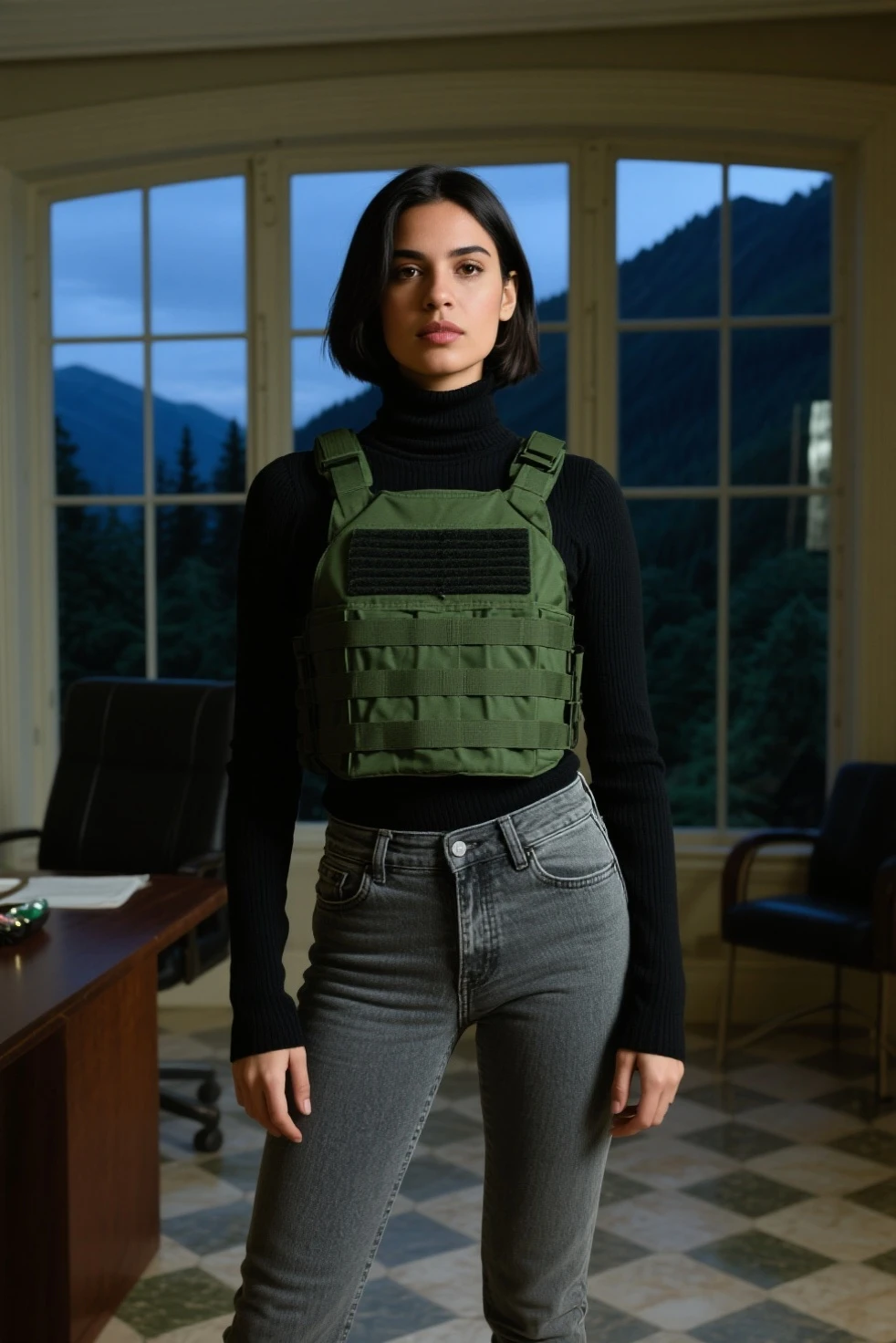arafed woman taking a selfie in a green crop top, wearing military outfit, military outfit, wearing a sexy cropped top, army girl outfit, outfit photo, wearing crop top, 2 4 year old female model, military girl, crop shirt, slightly pregnant, half body cropping, physical : midriff, with two front pockets, wide hips