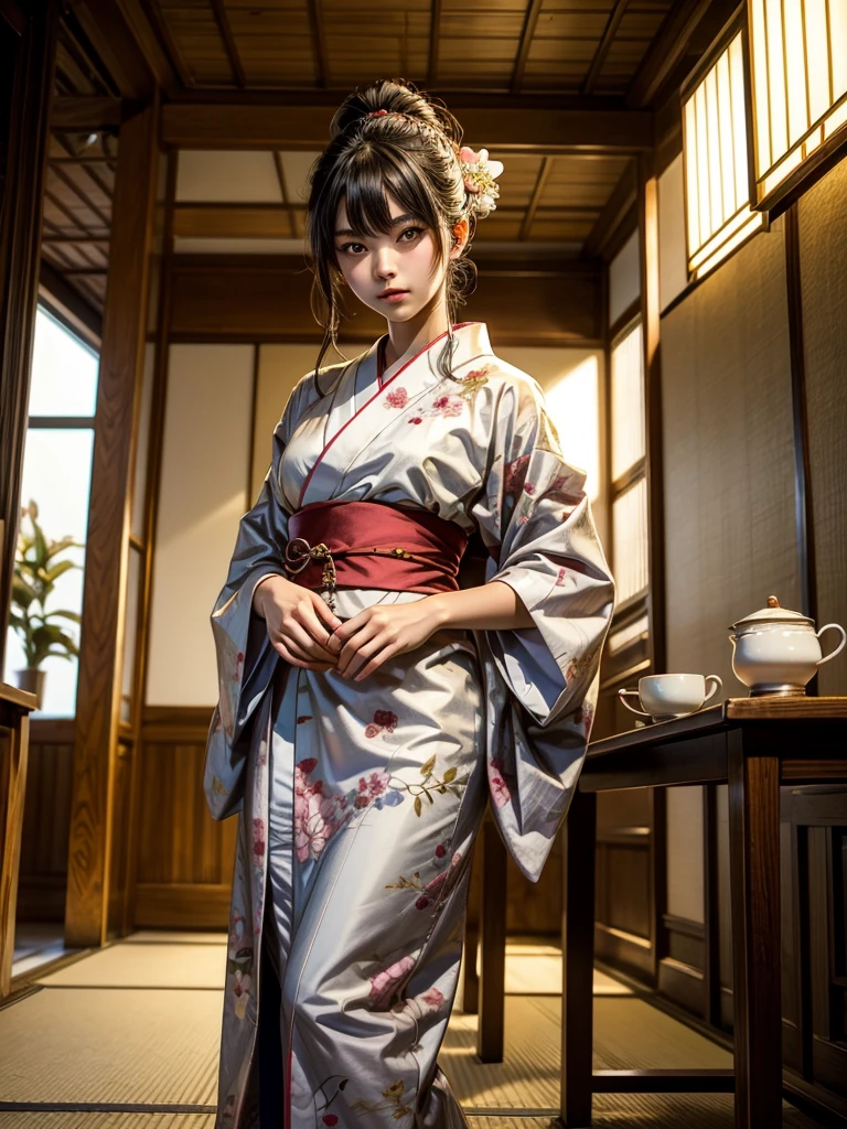 Dynamicpose,Highest quality、Masterpiece、Highest detail、Japanese Yokai、Bob-haired beautiful girl、Red kimono、、Kimono with messy feet、Combatant、In combat、Glare