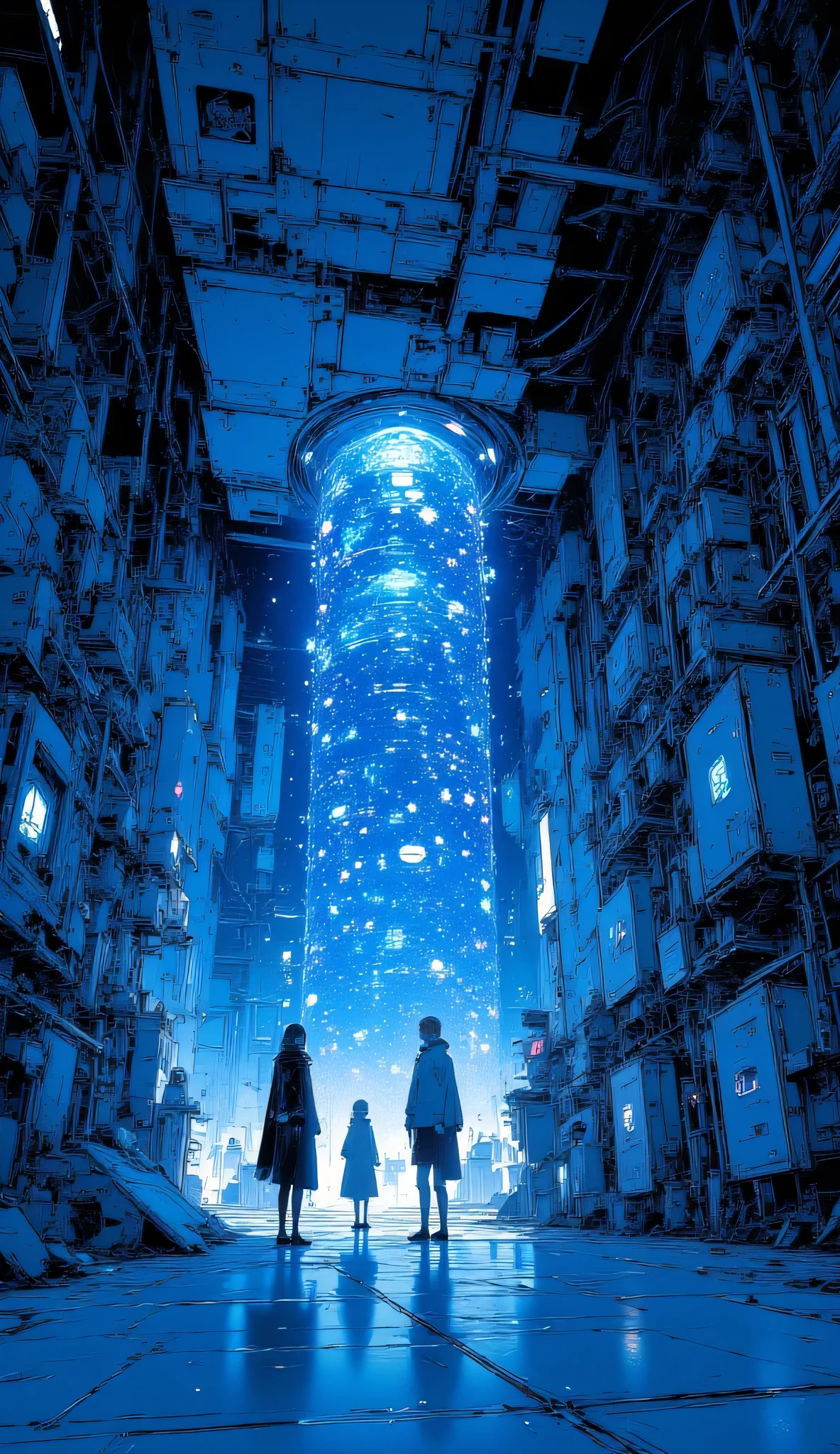 Massive futuristic server room, glowing blue data towers, scientists checking holographic interfaces, sterile cold lighting, quiet but intense atmosphere, anime background art, foreshadowing of secrets hidden within.