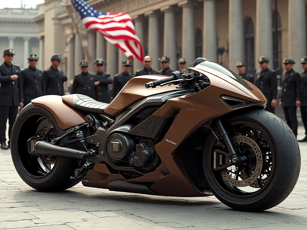 Ultra-realistic 8K American superbike named [ 2025 Rolls Royce 1200000], viewed completely from the side, 
parked in a luxury environment. The bike is painted in brown, with a large, aerodynamic body and fully enclosed engine components.
 The design is ultra-modern, featuring smooth curves, carbon fiber elements, and aggressive styling. Spectators in stylish attire are admiring 
the superbike from a distance. The bike appears oversized and dominant,
 emphasizing power, speed, and elegance. Background American army and American flag and 7 drones