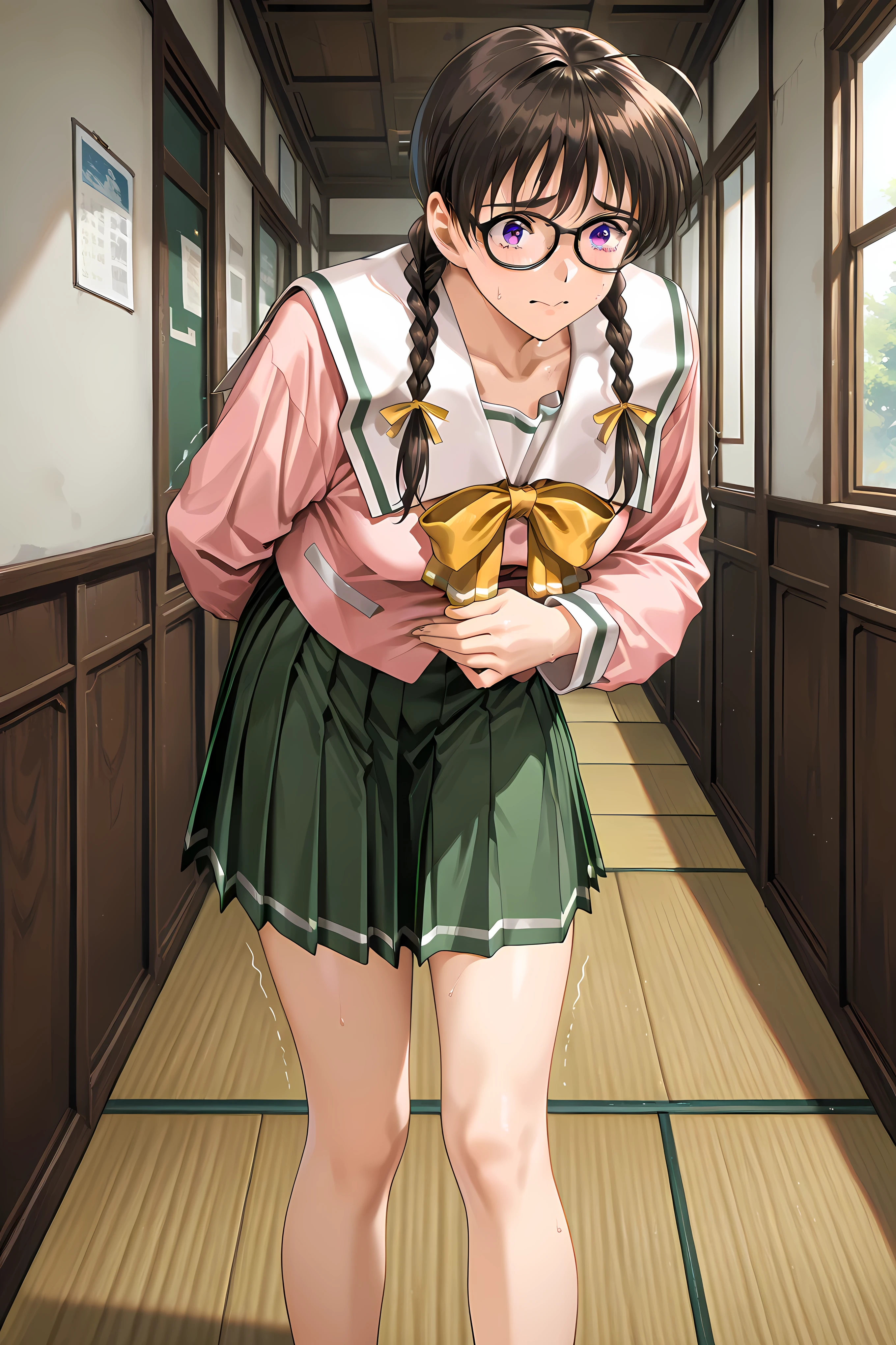 shiho, brown hair, purple eyes, glasses, twin braids, serafuku, yellow bow, pink shirt, pleated skirt, green skirt,General, masterpiece, highres, ultra-detailed, hyper-detailed, best quality, amazing quality, very aesthetic, best hands, best eyes, best hand
adult woman, 1girl, hand on own stomach, sweat, leaning forward, nervous, scared, trembling legs, in a wooden dorm hallway, tatami floor