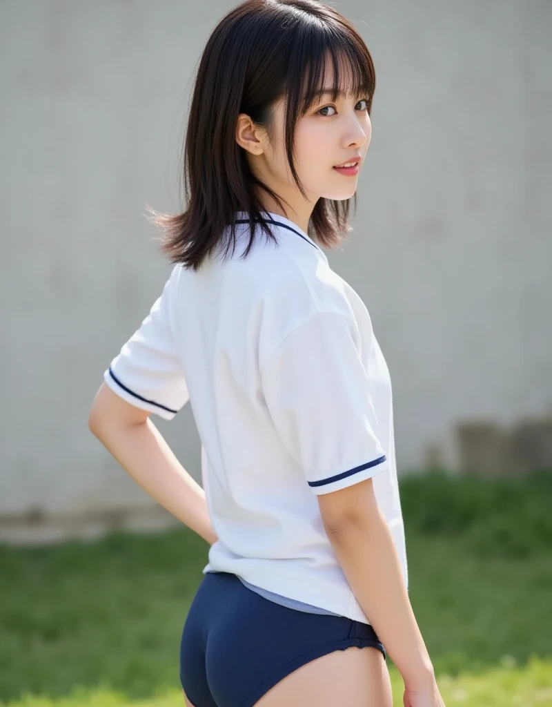 (8k, RAW Photos, Highest quality, masterpiece:1.2), (Realistic, photo-Realistic:1.4), (extremely detailed 8k wallpaper), Beautiful Japanese Women, short hair, Black Hair, Are standing, School gym dark blue buruma, School gym, Athletic dark blue bloomers, (School White T-Shirt), (School gym uniform), Small ,  ,
