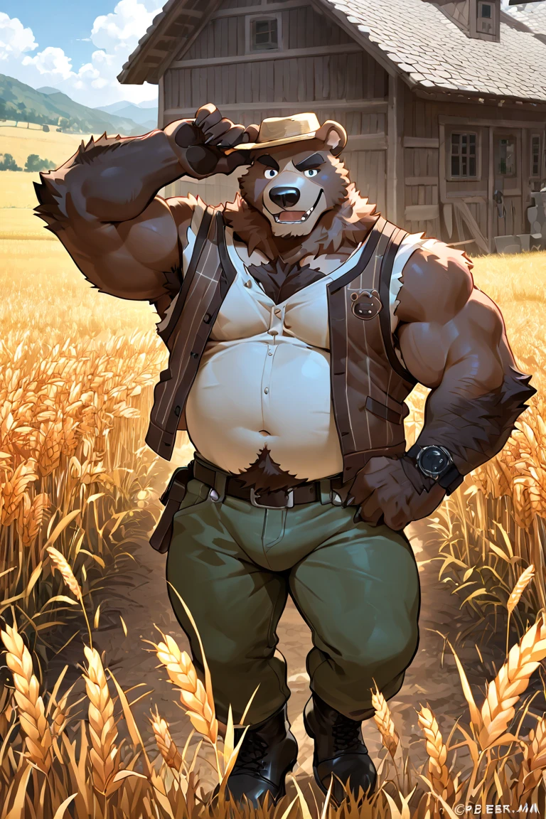 furry, anthro, horse, realistic  equine :1.3, equine :1.8, equine :1.2, (he is wearing farmer clothes:1.6), realistic equine , big  :1.4), super detailed, detailed face, best art, 8k, vibrant, by snowskau:0.4, by taran fiddler:1.8, by RedRusker:1.8, art stile, 3D, fullbody,