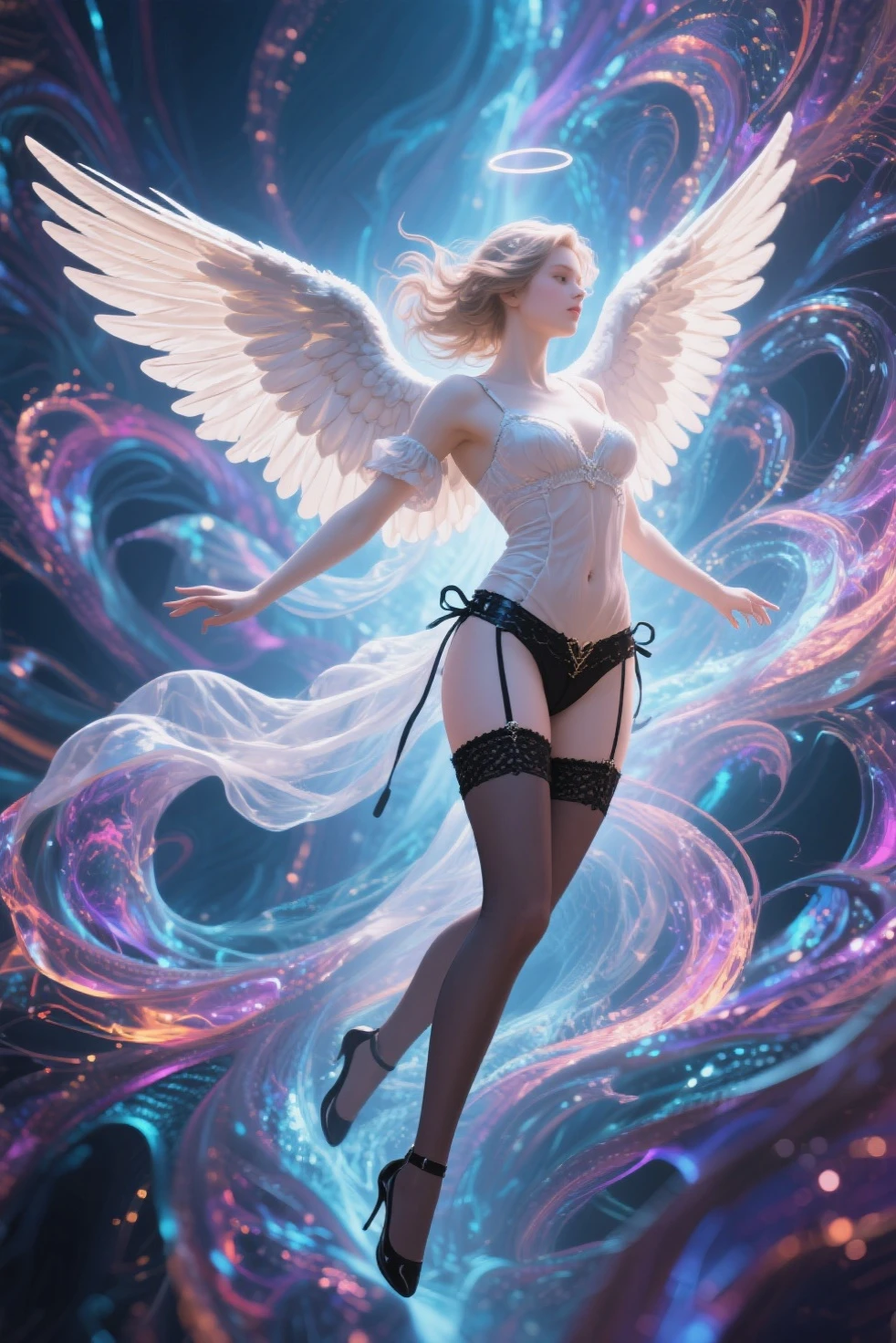 fly, telekinesis, floating, best_falling,
 ((falling)),(from below:1.2),depth of field,floating,
((((backflip)), in air, upside-down,))
the body is not in contact with the bed,
((legs raised up)),
((girl in the air)), ((legs in the air)),
(Caravaggio light), night, 
side view, 
(1girl in blue underwear) falling on the back on a double bed, girl falling fly on double bed in a bedroom with blue walls, arms in different directions, girl glowing from inside, hair turns into light, light from her chest, glowing outline, dark atmosphere, (dream catcher), double bed with a blue sheet, 
shadows, glowing hair, 
adult, [Nordic], Hourglass elongated fitness body, 
((glowing skin)), Oval Face, Long neck, Rounded shoulders, perfect hand,  Attached Pointed ears, round forehead, ((Short blonde Waves pixie hair)), snub nose, Arched eyebrows, closed Eyes, High Round Narrow cheekbones, Dimpled Cheeks, Rounded Chin, Rounded Jawline, Full nude Lips, (glowing closed eyes), Nude Makeup Look, long eyelashes, Hourglass-shaped hips, long slim fitness legs, third breast size, Linear Hourglass-shaped abs,  
 
graphic style of novel comics,  2d, 8k, hyperrealism, masterpiece, high resolution, best quality, ultra-detailed, super realistic, Hyperrealistic art, high-quality, ultra high res, highest detailed, lot of details, Extremely high-resolution details, incredibly lifelike, colourful, 