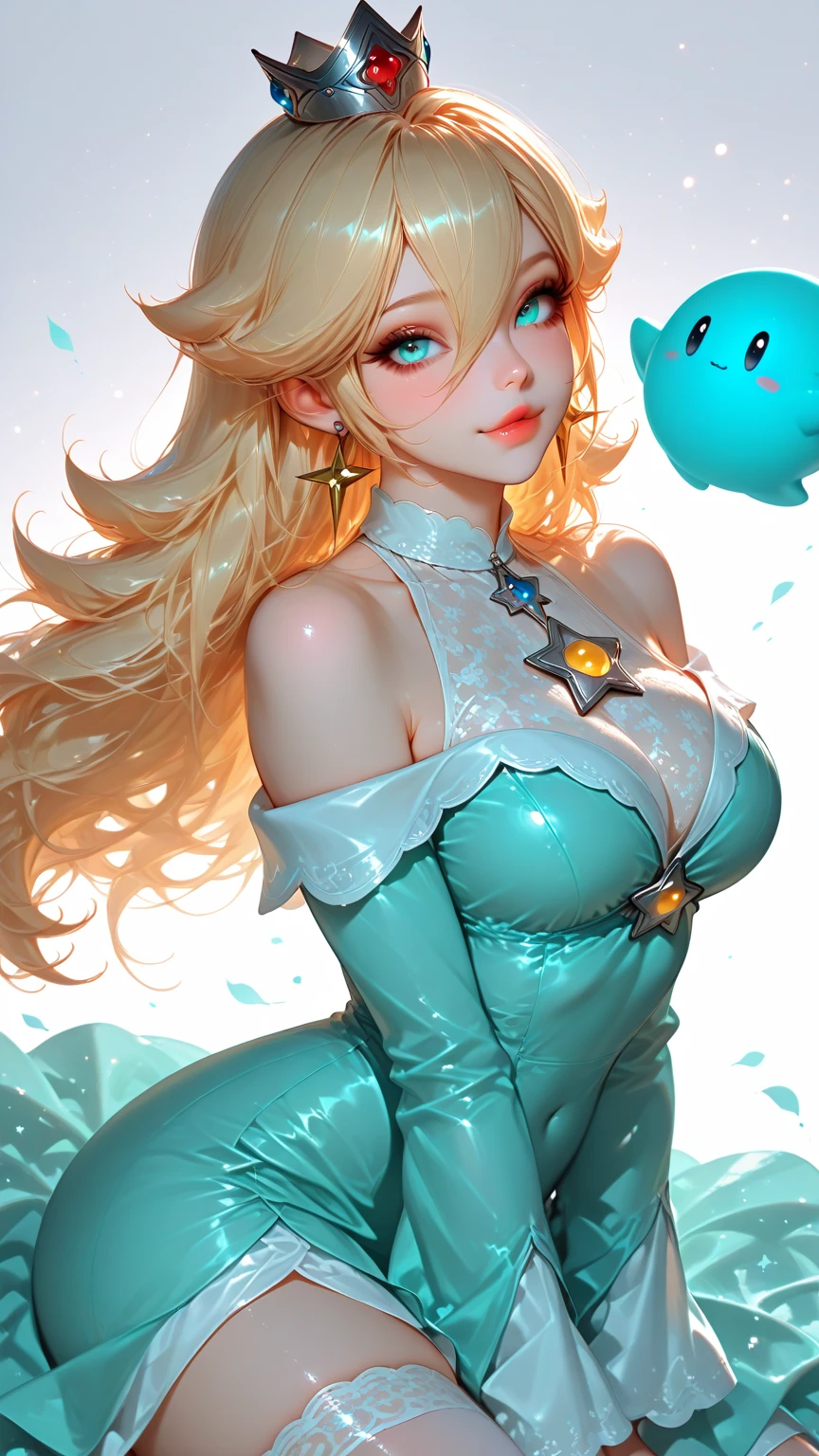 breathtaking 8k, masterpiece, beautiful mature woman, bioluminescent dress, ((very dark, high contrast)), glow, (bloom), looking at viewer, ((cowboy shot)), slight smile, long hair, rosalina, long dress, in space, ((covered eye)), blond hair, ((deep cleavage)), wide ????,