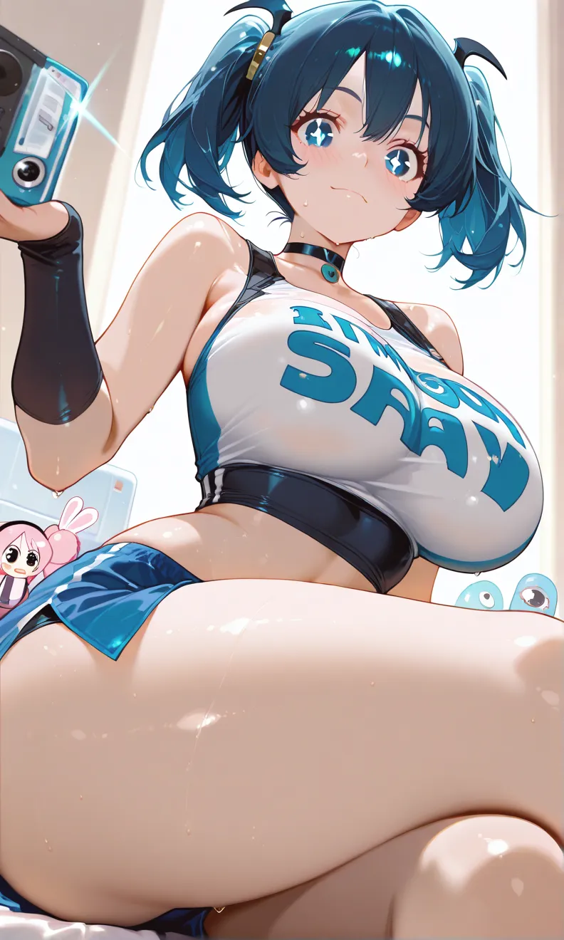 masterpiece, best_quality, 1girl, solo, puniru \(puniru wa kawaii slime\), puniru wa kawaii slime, gradient hair, bangs, green eyes, double bun, mini hat, half body down melting, big boobs,Highneck swimsuit,