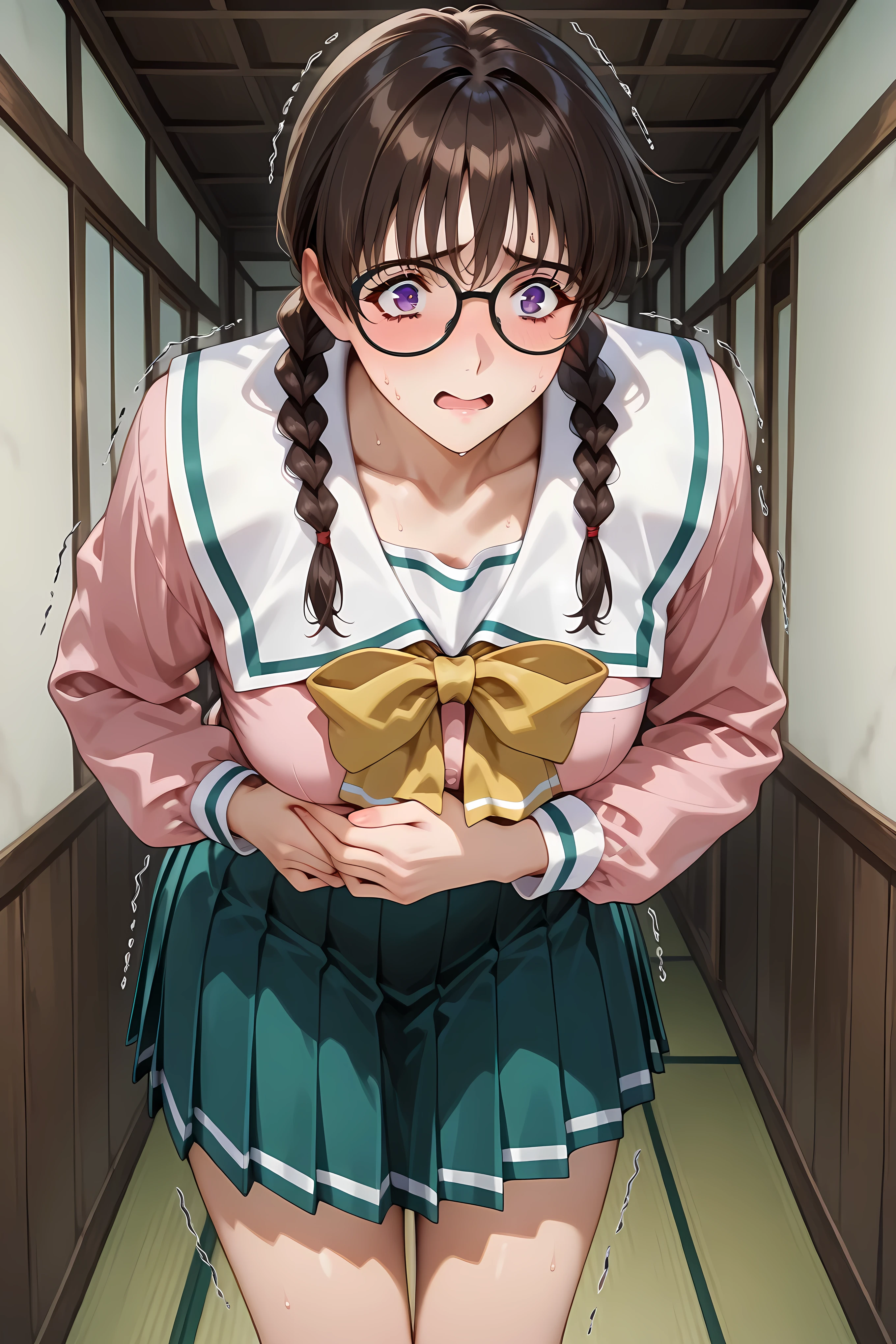 shiho, glasses, brown hair, twin braids, serafuku, pleated skirt,General, masterpiece, highres, ultra-detailed, hyper-detailed, best quality, amazing quality, very aesthetic, best hands, best eyes, best hand, purple eyes
adult woman, 1girl, hand on own stomach, sweat, leaning forward, nervous, scared, trembling legs, in a wooden dorm hallway, tatami floor