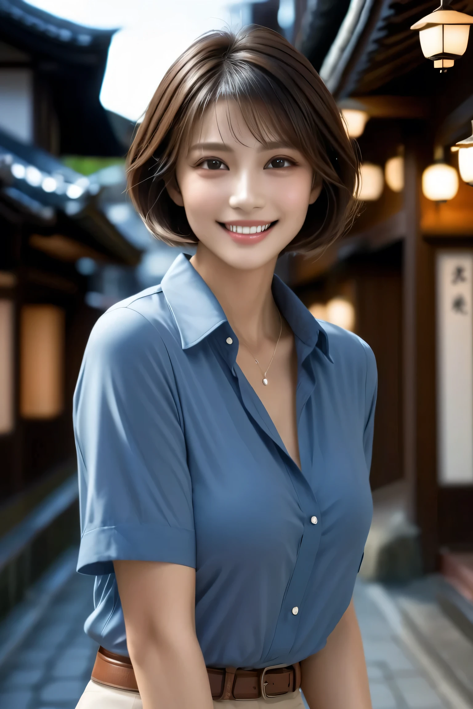 (masterpiece, best quality, photorealistic, 8k, ultra-detailed),
Full-body view of a beautiful woman from mid-thigh up (cowboy shot), with natural makeup, dark brown eyes, defined double eyelids, long silky eyelashes, and a confident alluring grin showing perfect white teeth.
She has sophisticated short hair and wears a navy blue shirt, black tight mini skirt, and an elegant silver necklace.
Standing on the streets of Kyoto with traditional architecture and cinematic nighttime lighting, professional photography style.
beautiful face, smile, grin