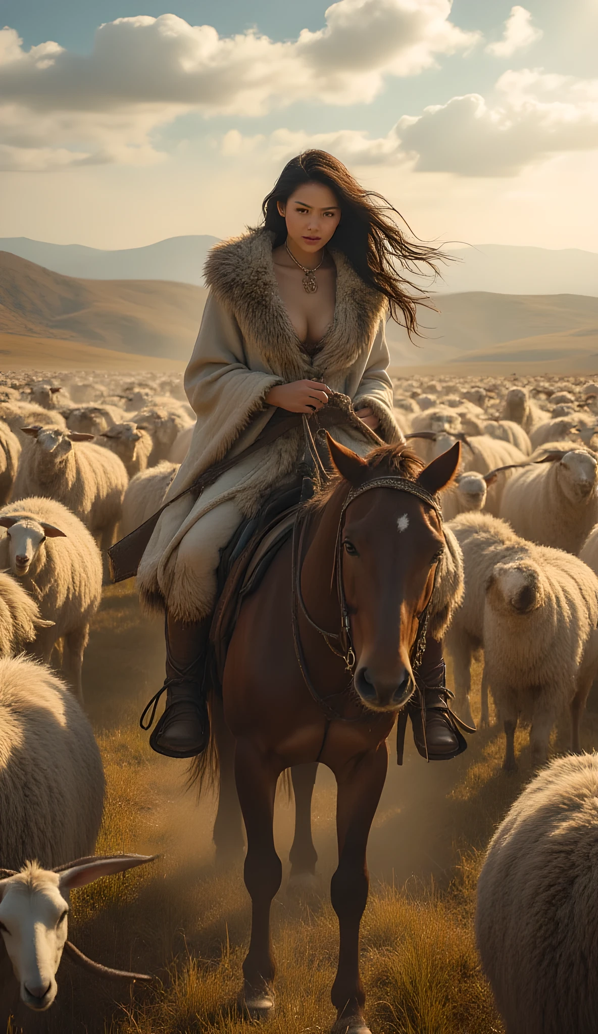 Ancient prehistoric age era, 
Stone civilization age era, 

((Realistic cinematography ultra wide depth intense stunning lots of realistically ultra-detailed sheeps herd angle of scenery)),,the detailed of an Eurasian female herder riding a realistic horse,an intricately horse,herding the sheeps,(within densely ultra intricately sheeps on the foreground),(nomads community),((a nomads tribe)),wearing fully coverage long fur primitively fabric long tunic and long coat primitive wardrobe gown dress,,,(perfectly depth symmetrically curvy, and busty body shapely),(cinematic dynamically camera widely angle scenery:accurately depicted:1.3),the lively prehistoric savana depicting scenery,afternoon,realistically full depth,(cinematography dynamic angle|hyperrealistic:realistic scenery:3d texture over the scenery),autumn season,best videography angle,hdr,golden hour, (cinematography vibe),primitive wardrobe,(dynamic image composition),(octane 3d rendering|50mm lens shot:1.3),(lifelike skin texture:lifelike hairs:realism),(best rule of third photography composition),(best image aperture),(full details depth of field),(best shutter speed),(RAW photo image),(photorealistic|photorealism:hyperrealism style),(realistic depth 3d:cgi:1.3),(trending on cgsociety:devianart:unreal engine 5),,(best photography:national Geographic style), solarPunkAi and greenPunkAi artwork, digital art,best lighting concept,(realistic intricately fixed truly fully human's anatomy body+hands+and+fingers anatomical),natural motion,inspired by farcry5 game artwork.