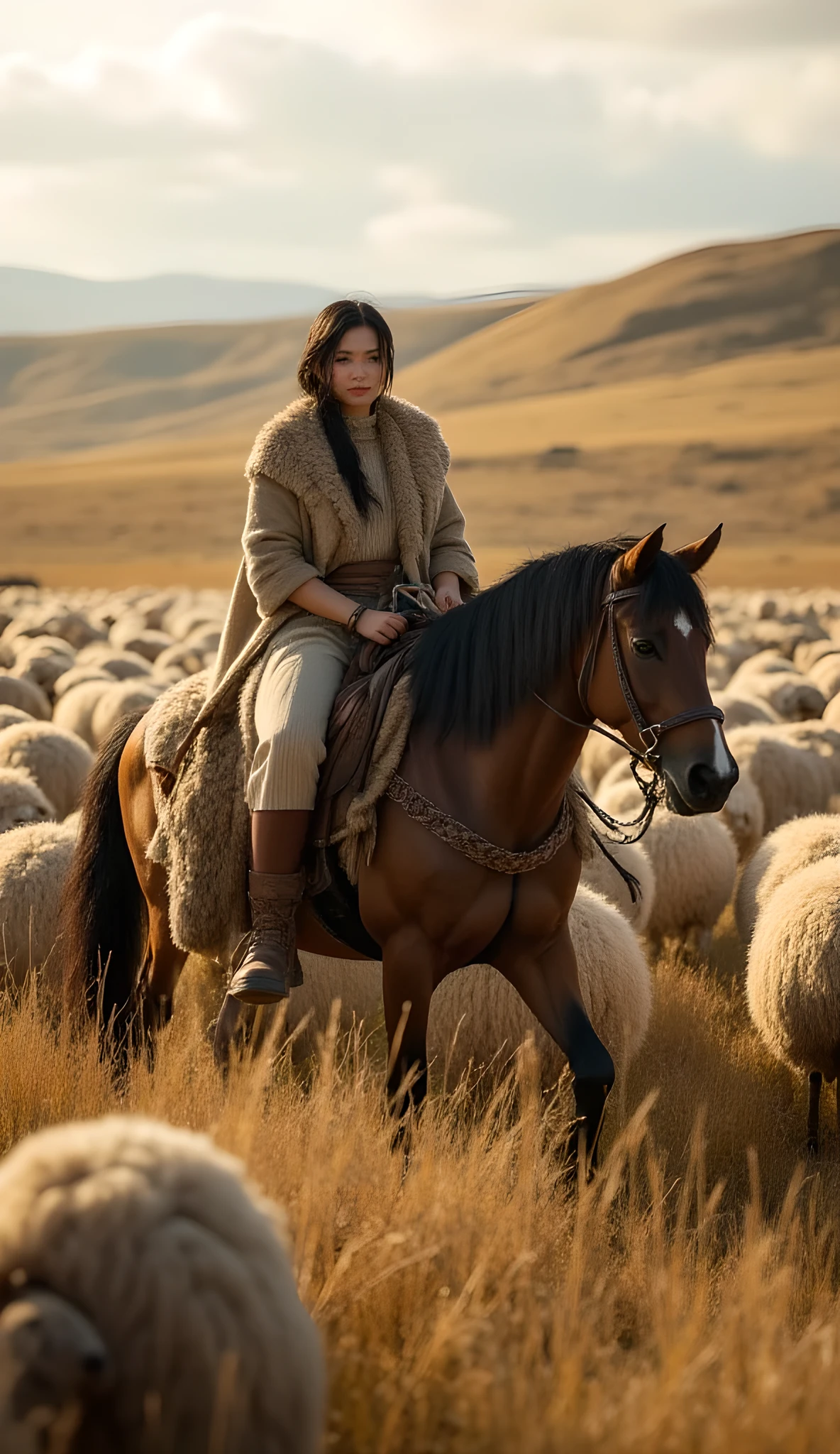 Ancient prehistoric age era, 
Stone civilization age era, 

((Realistic cinematography ultra wide depth intense stunning lots of realistically ultra-detailed sheeps herd angle of scenery)),,the detailed of an Eurasian female herder riding a realistic horse,an intricately horse,herding the sheeps,(within densely ultra intricately sheeps on the foreground),(nomads community),((a nomads tribe)),wearing fully coverage long fur primitively fabric long tunic and long coat primitive wardrobe gown dress,,,(perfectly depth symmetrically curvy, and busty body shapely),(cinematic dynamically camera widely angle scenery:accurately depicted:1.3),the lively prehistoric savana depicting scenery,afternoon,realistically full depth,(cinematography dynamic angle|hyperrealistic:realistic scenery:3d texture over the scenery),autumn season,best videography angle,hdr,golden hour, (cinematography vibe),primitive wardrobe,(dynamic image composition),(octane 3d rendering|50mm lens shot:1.3),(lifelike skin texture:lifelike hairs:realism),(best rule of third photography composition),(best image aperture),(full details depth of field),(best shutter speed),(RAW photo image),(photorealistic|photorealism:hyperrealism style),(realistic depth 3d:cgi:1.3),(trending on cgsociety:devianart:unreal engine 5),,(best photography:national Geographic style), solarPunkAi and greenPunkAi artwork, digital art,best lighting concept,(realistic intricately fixed truly fully human's anatomy body+hands+and+fingers anatomical),natural motion,inspired by farcry5 game artwork.