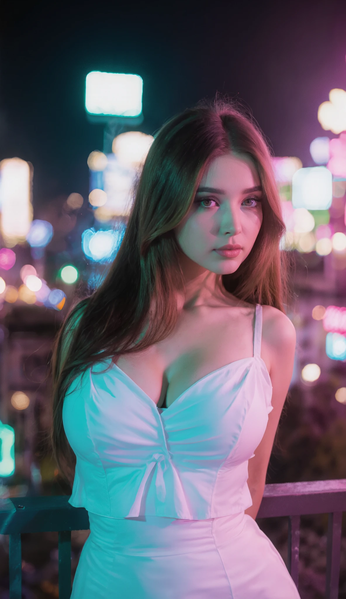 Perfect body ,Big breasts ,mad-hrmtcwzrd,Close-up of a woman in a white dress, posing on the balcony, gorgeous brown-haired woman, beautiful brown-haired woman, amazing beauty, breathtaking beauty, sexy girl, Russian girl, thoracic, Anna Nikonova, aka Newmilky, angelawhite, huge breasts, Brown Swede, long blond hair and big eyes, Instagram model
A dark night outside the window, you can see the lights of the whole city far away, but in close proximity, the colors are mainly turquoise and pink, you can see a lot of neon signs, the colors are pleasing to the eye, kytematographic light