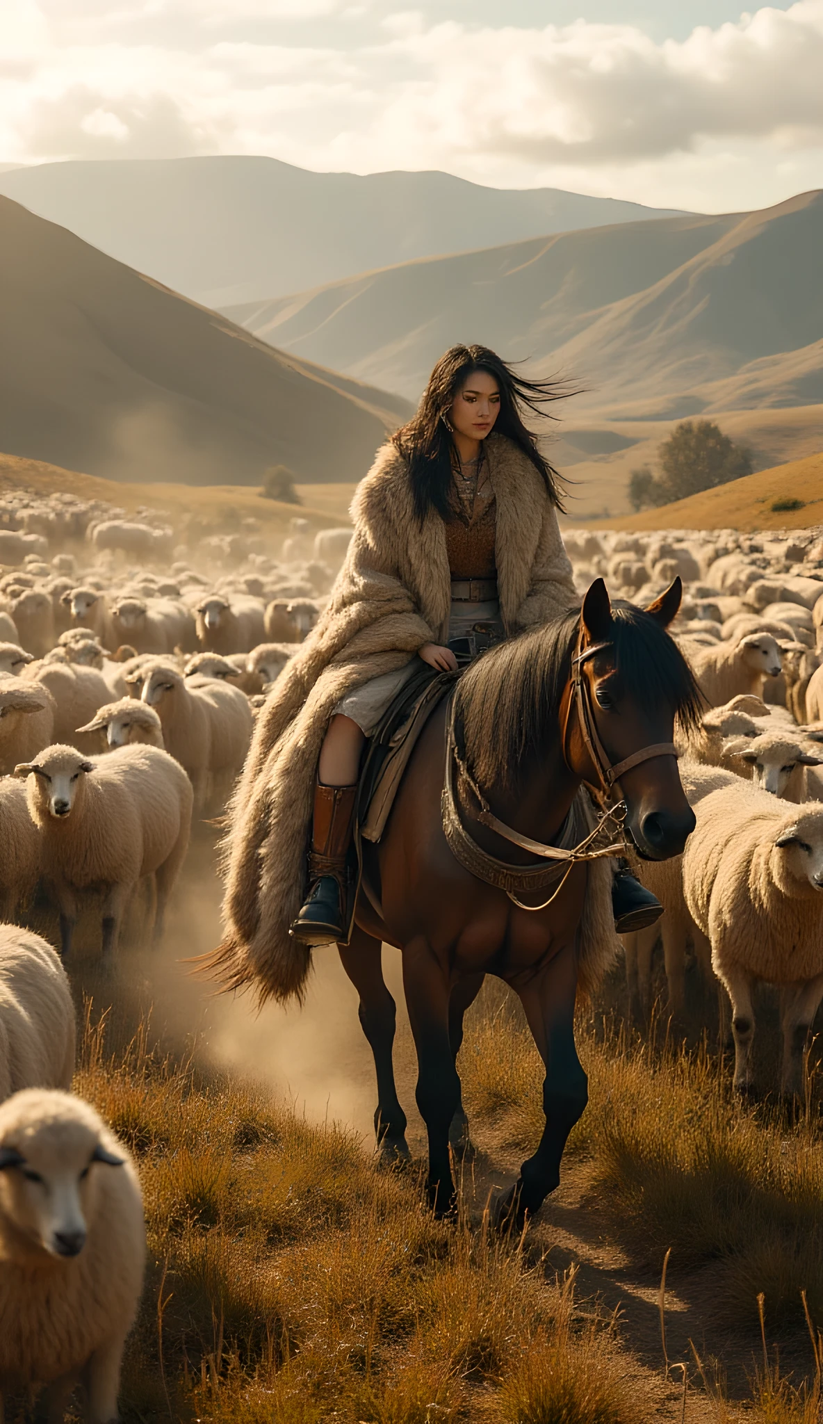 Ancient prehistoric age era, 
Stone civilization age era, 

((Realistic cinematography ultra wide depth intense stunning lots of realistically ultra-detailed sheeps herd angle of scenery)),,the detailed of an Eurasian female herder riding a realistic horse,an intricately horse,herding the sheeps,(within densely ultra intricately sheeps on the foreground),(nomads community),((a nomads tribe)),wearing fully coverage long fur primitively fabric long tunic and long coat primitive wardrobe gown dress,,,(perfectly depth symmetrically curvy, and busty body shapely),(cinematic dynamically camera widely angle scenery:accurately depicted:1.3),the lively prehistoric savana depicting scenery,afternoon,realistically full depth,(cinematography dynamic angle|hyperrealistic:realistic scenery:3d texture over the scenery),autumn season,best videography angle,hdr,golden hour, (cinematography vibe),primitive wardrobe,(dynamic image composition),(octane 3d rendering|50mm lens shot:1.3),(lifelike skin texture:lifelike hairs:realism),(best rule of third photography composition),(best image aperture),(full details depth of field),(best shutter speed),(RAW photo image),(photorealistic|photorealism:hyperrealism style),(realistic depth 3d:cgi:1.3),(trending on cgsociety:devianart:unreal engine 5),,(best photography:national Geographic style), solarPunkAi and greenPunkAi artwork, digital art,best lighting concept,(realistic intricately fixed truly fully human's anatomy body+hands+and+fingers anatomical),natural motion,inspired by farcry5 game artwork.