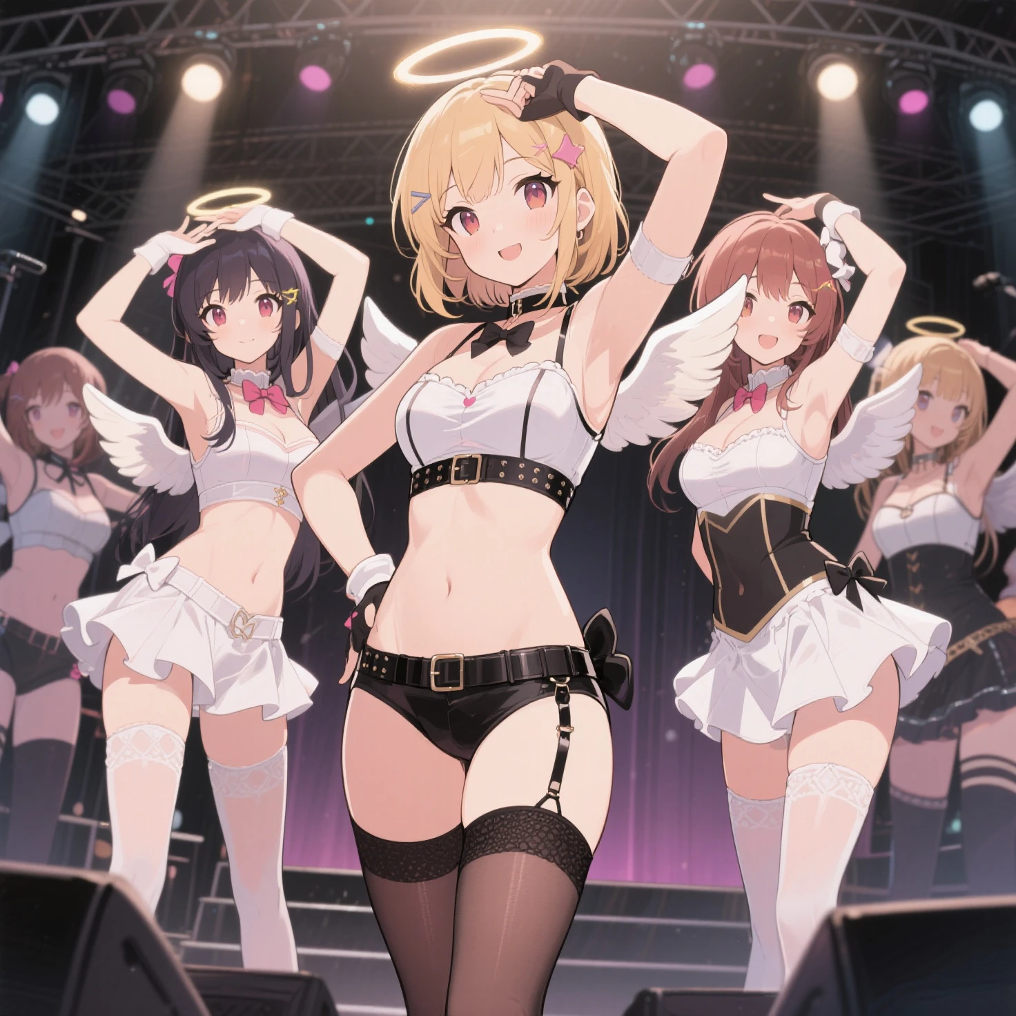 ((masterpiece、Highest quality、Official Art))、snap shot、Idol Concert、Concert Stage、(3人のcute ????? girls、12 years old、smile、sing、dance、Ribbon headband、Ultra mini skirt:1.2、Idol Costumes:1.2 )、Exposing the ???????、Hair of different colorr.々Hair style、(((???????????、?????、cute)))、(Sweat a lot、Glowing Skin)、Anime key visual, ((The characters are unique))